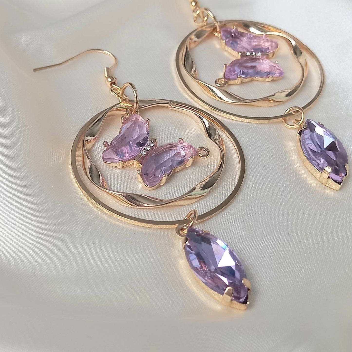Gold & Purple Butterfly Drop Earrings - Purple Drop Earrings, Purple Butterfly Earrings, Gold Earrings In The UK, Gold Butterfly Jewellery
