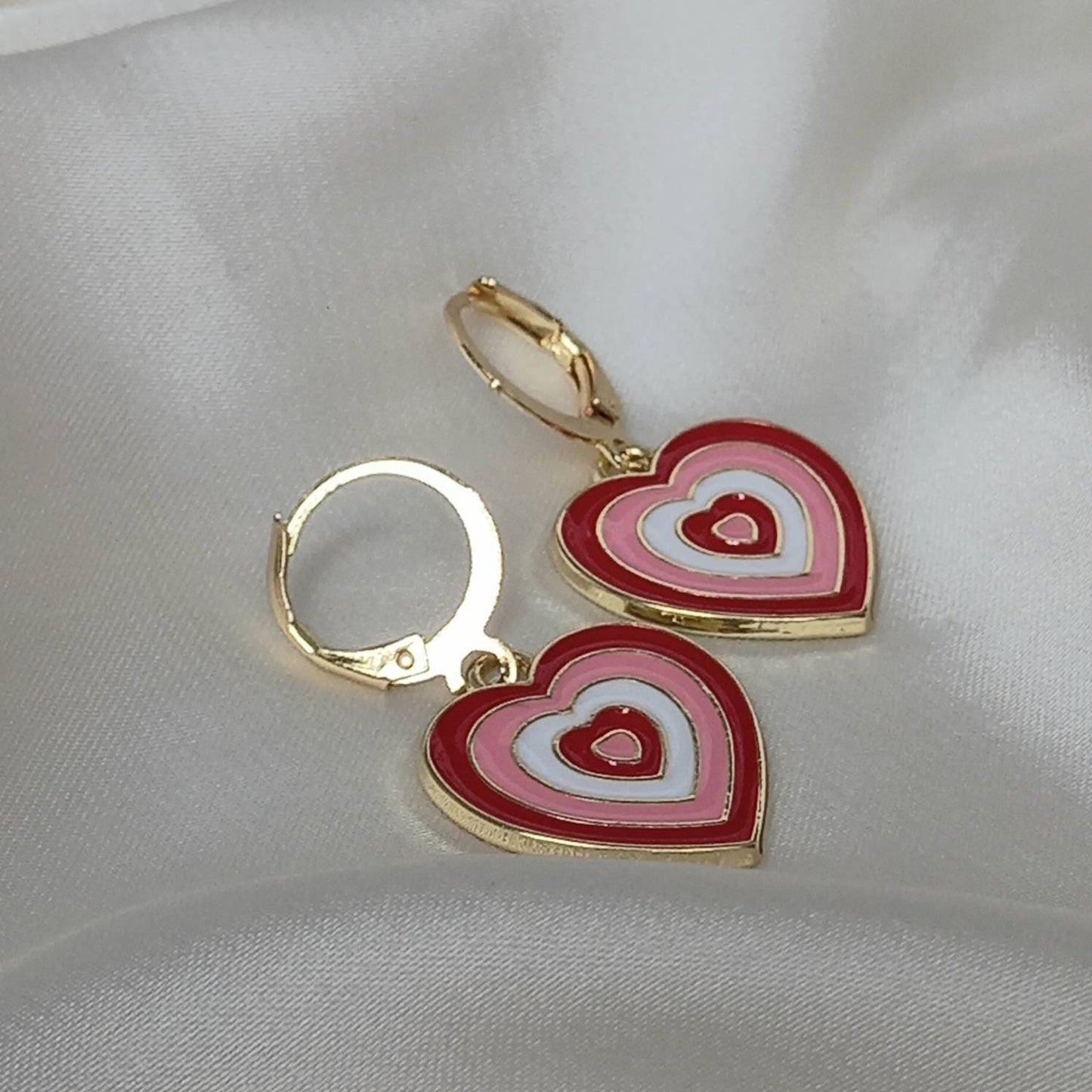 Pink & Gold Retro Heart Drop Earrings -  70's Style Earrings, Vintage Style, Hanging Jewellery,Accessories,Pink Jewellery,Gold Earrings