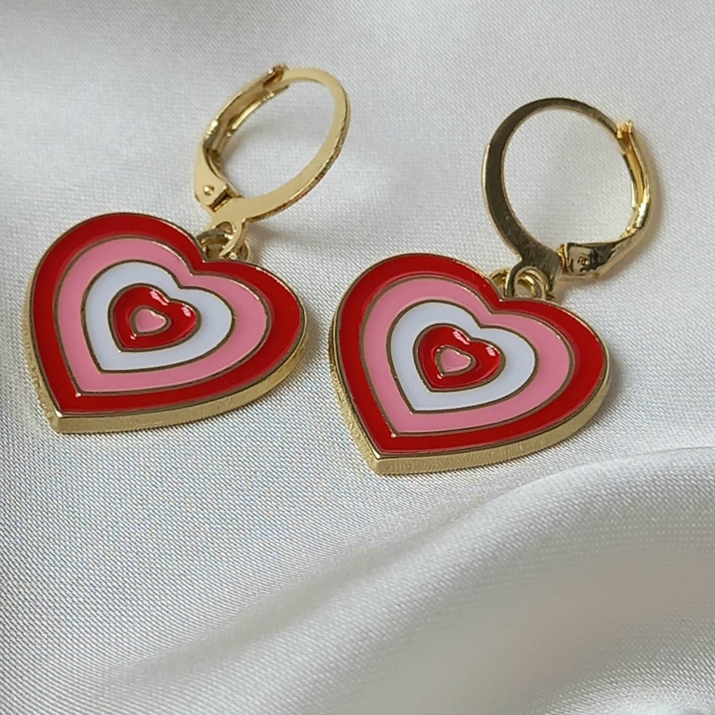 Pink & Gold Retro Heart Drop Earrings -  70's Style Earrings, Vintage Style, Hanging Jewellery,Accessories,Pink Jewellery,Gold Earrings