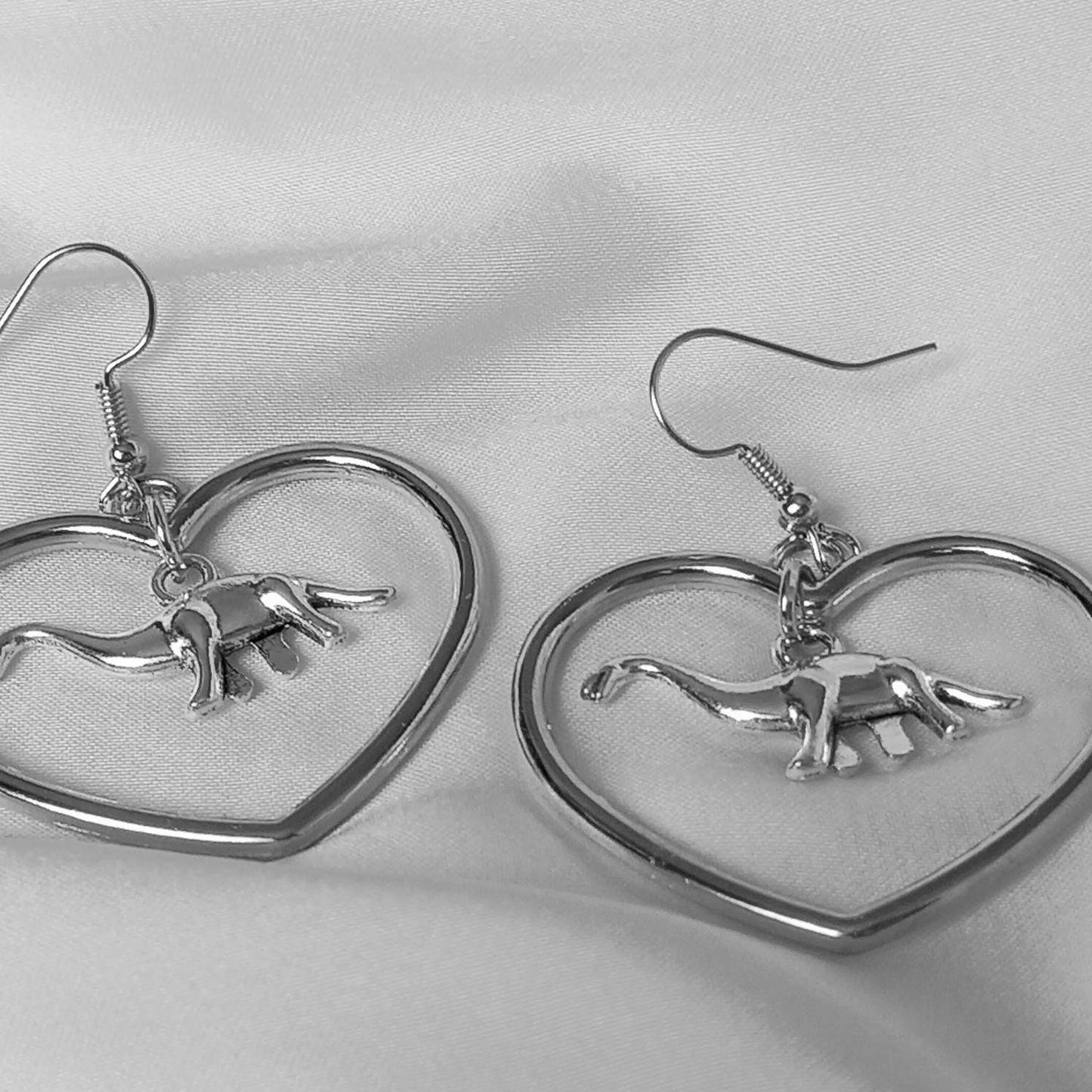 Silver Dinosaur Heart Hoop Earrings - Dinosaur Earrings,Lightweight Hoop Earrings,Heart Earrings,Silver Earrings,Silver Jewellery In The UK