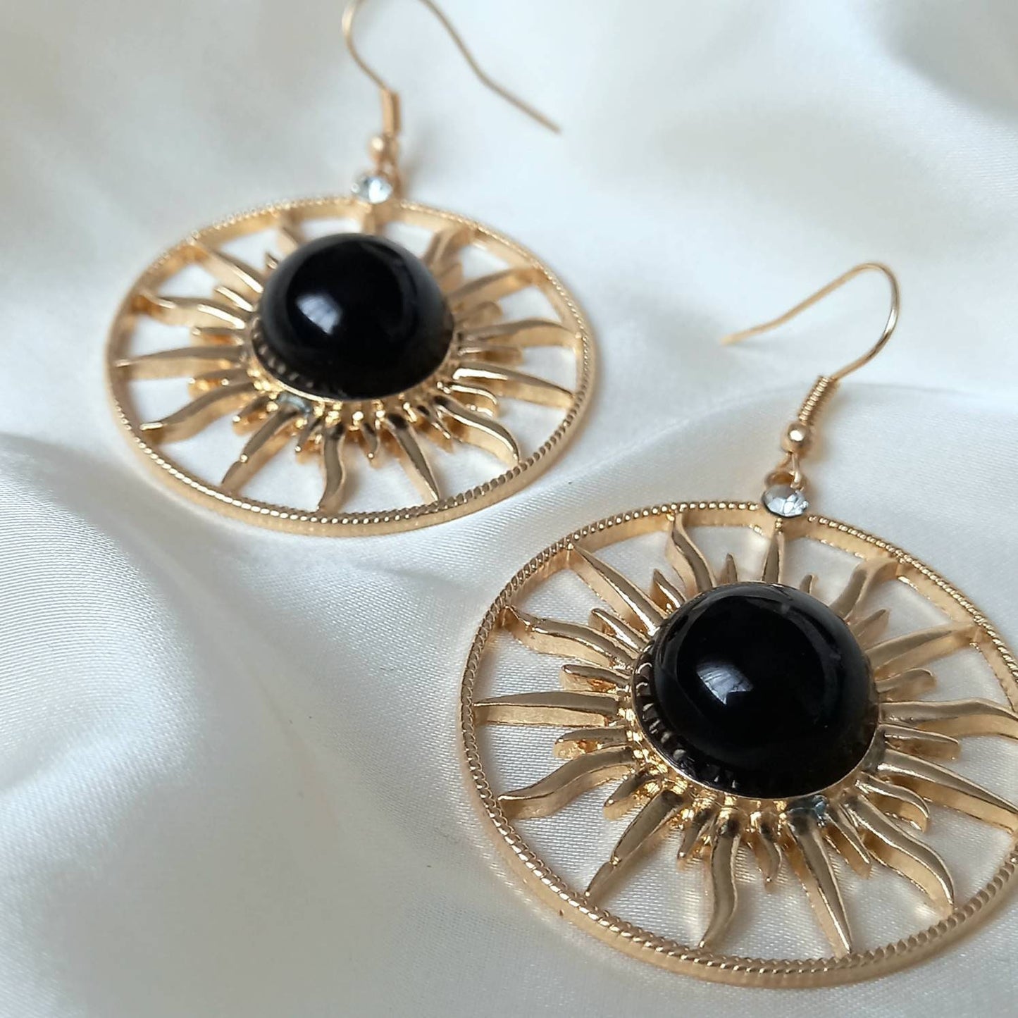 Gold Sun Drop Earrings - Hoop Earrings,Gold Sun Earrings In The UK,Large Drop Earrings,Gold Earrings In The UK,Gold Jewellery In The UK