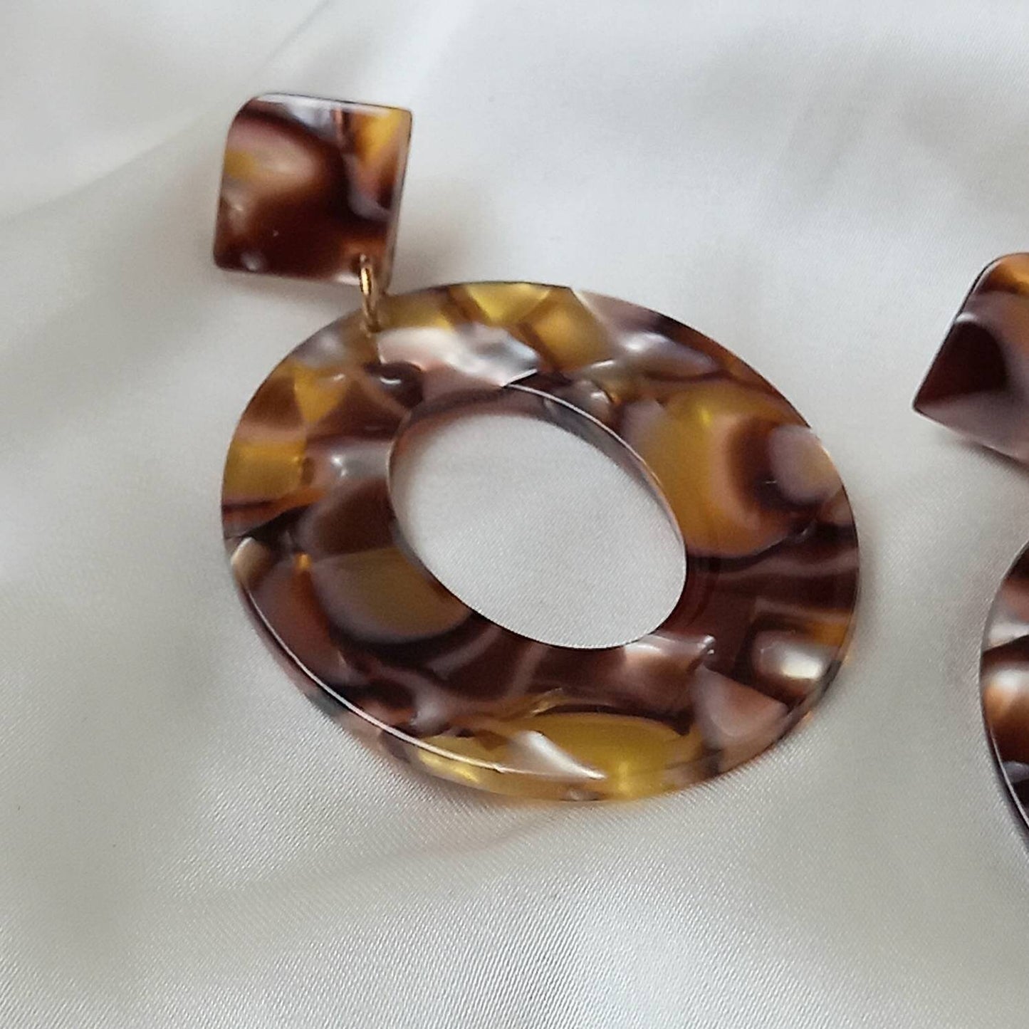 Brown Resin Drop Earrings -  Brown Earrings, Brown Jewellery, Orange Earrings, Retro Earrings, Chunky Earrings, Gold Earrings,Resin Earrings