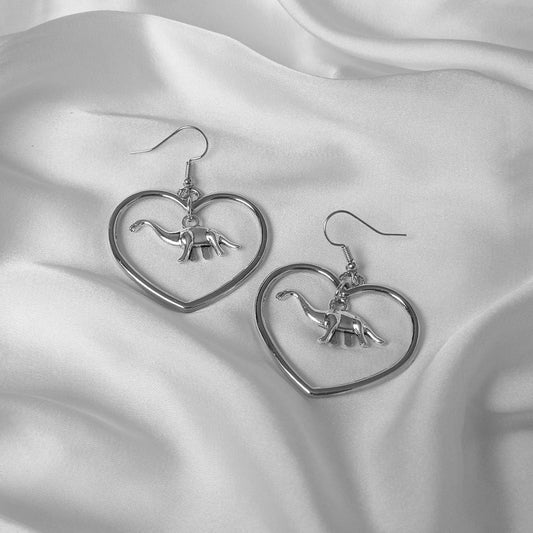 Silver Dinosaur Heart Hoop Earrings - Dinosaur Earrings,Lightweight Hoop Earrings,Heart Earrings,Silver Earrings,Silver Jewellery In The UK
