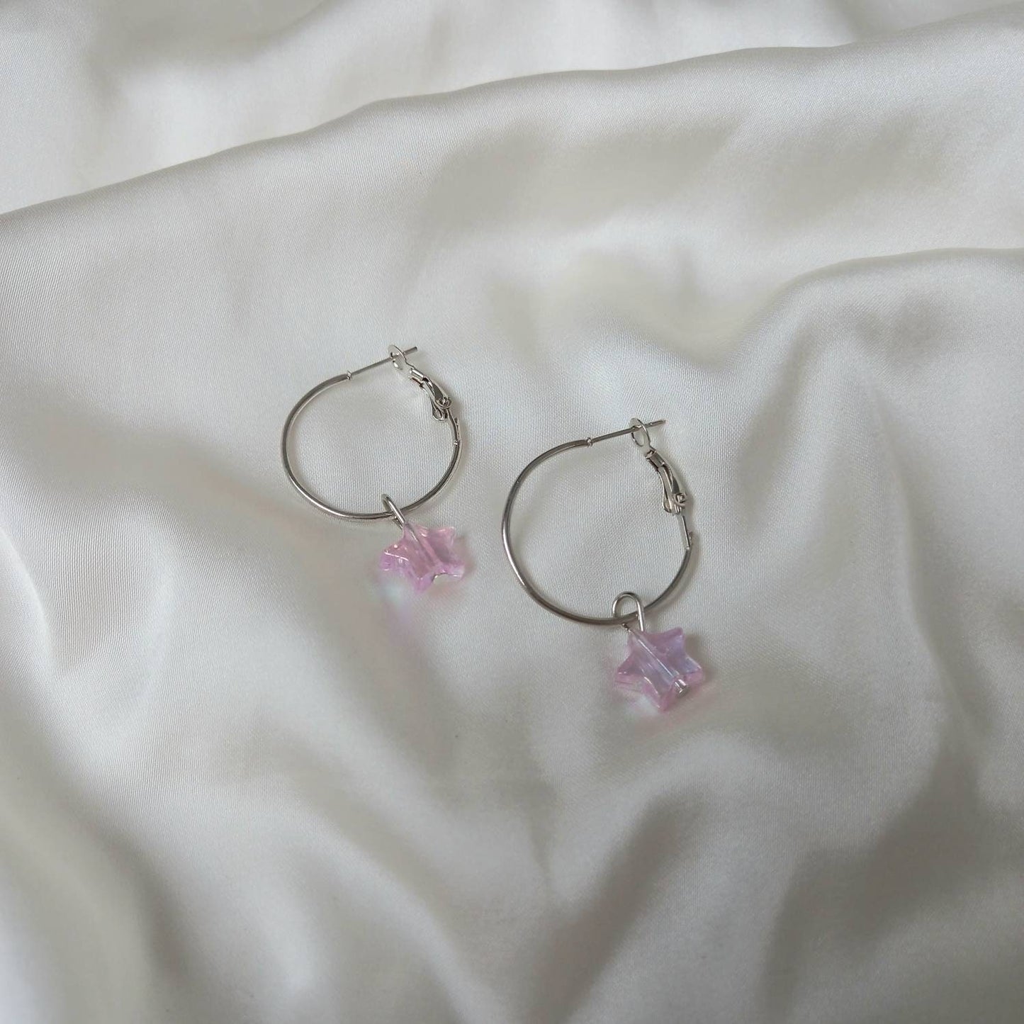 Silver Star Hoop Earrings - Lightweight Hoop Earrings,Pink Star Earrings,Hoop Earrings,Cute Earrings,Silver Earrings,Silver Star Jewellery
