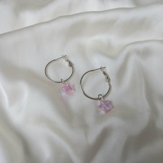 Silver Star Hoop Earrings - Lightweight Hoop Earrings,Pink Star Earrings,Hoop Earrings,Cute Earrings,Silver Earrings,Silver Star Jewellery