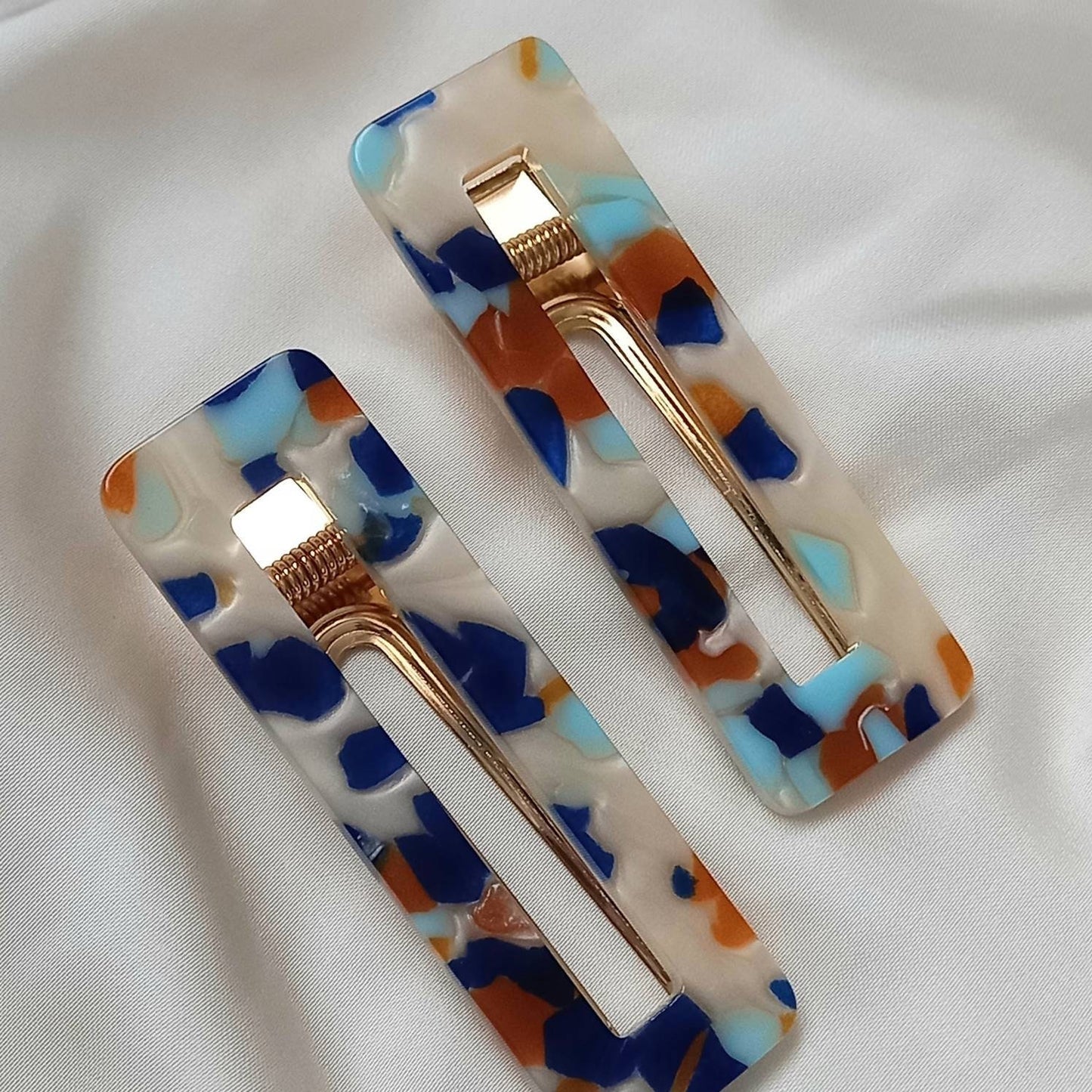 2 Retro Hair Clips - Hair Clip In The UK,Funky Hair,70's Accessories,Minimalistic Hair Clips,Neutral,Speckled Hair Clips,Blue & Orange
