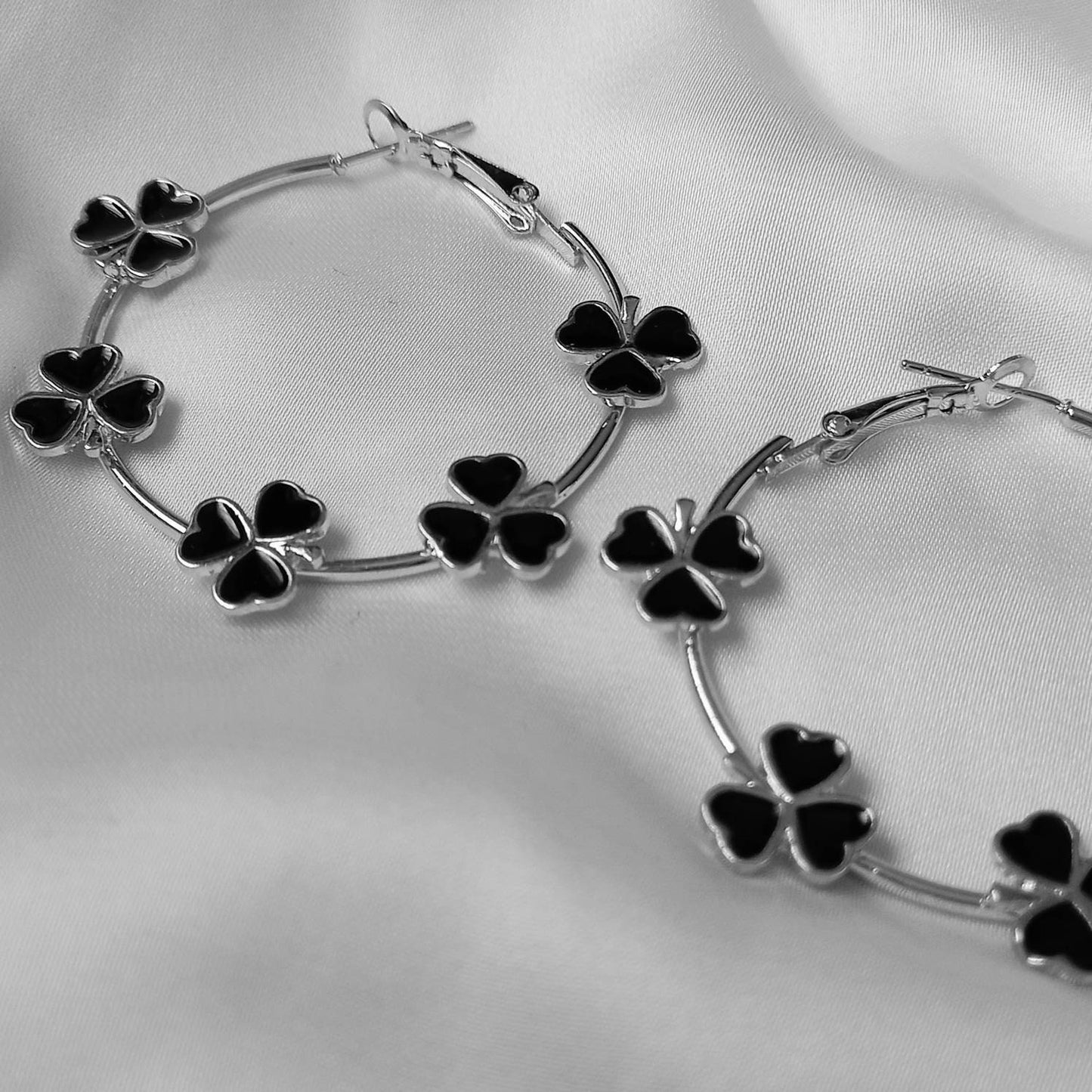 Black Clover Hoop Earrings - Lightweight Hoop Earrings,Silver Earrings,Silver Hoop Earrings,Clover Earrings,Flower Jewellery In The UK