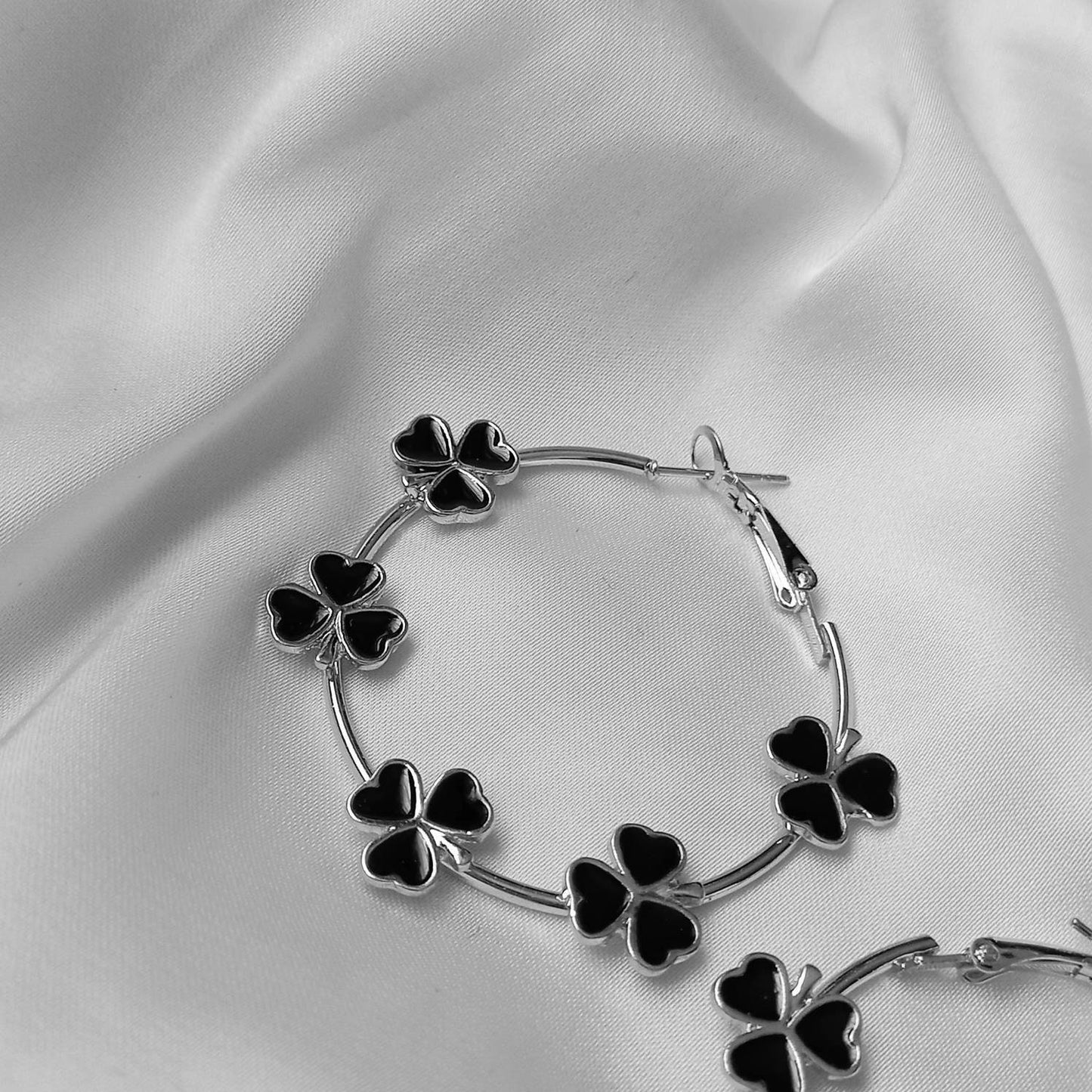 Black Clover Hoop Earrings - Lightweight Hoop Earrings,Silver Earrings,Silver Hoop Earrings,Clover Earrings,Flower Jewellery In The UK