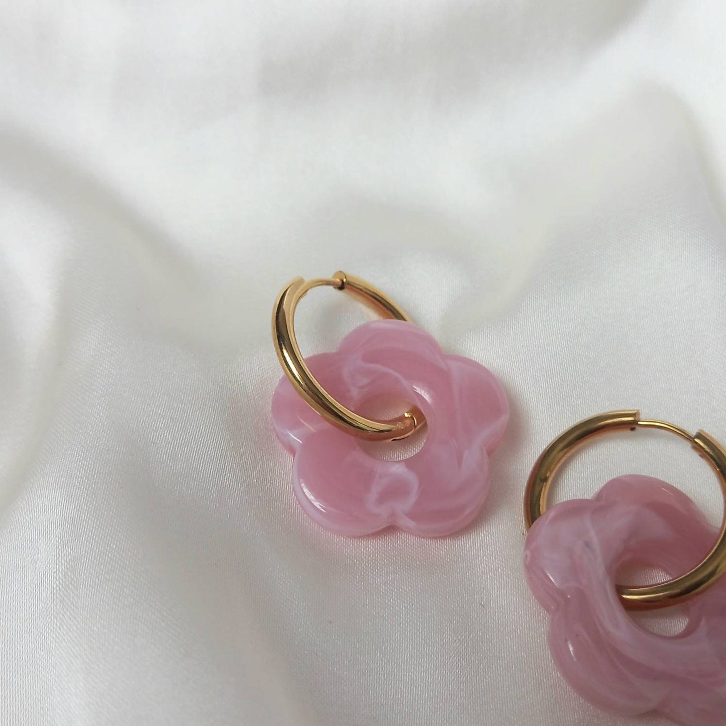 Pink & Gold Retro Flower Hoop Earrings -  70's Style Earrings, Small Gold Hoops, Vintage Style Earrings, Gold Jewellery,Gold Earrings