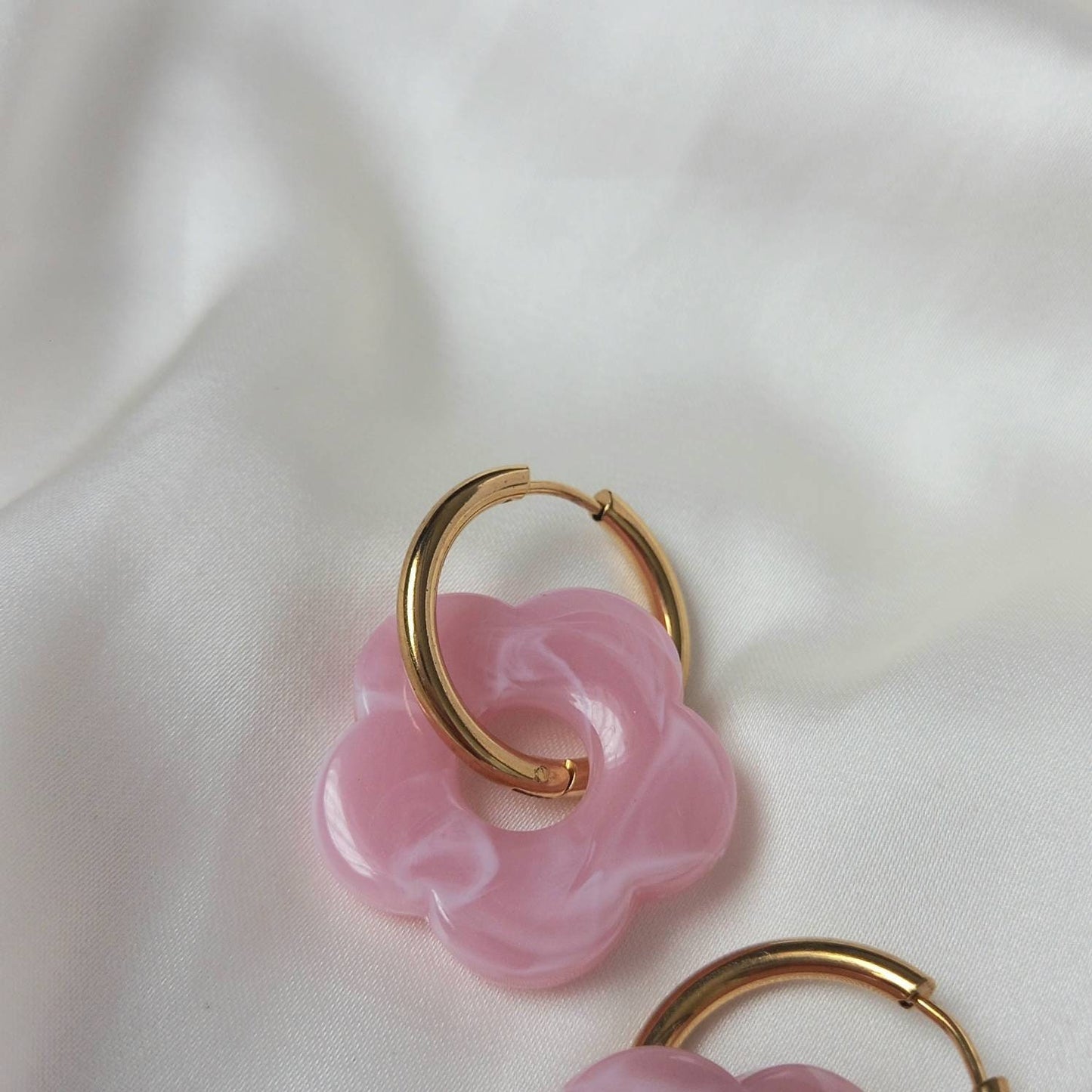 Pink & Gold Retro Flower Hoop Earrings -  70's Style Earrings, Small Gold Hoops, Vintage Style Earrings, Gold Jewellery,Gold Earrings
