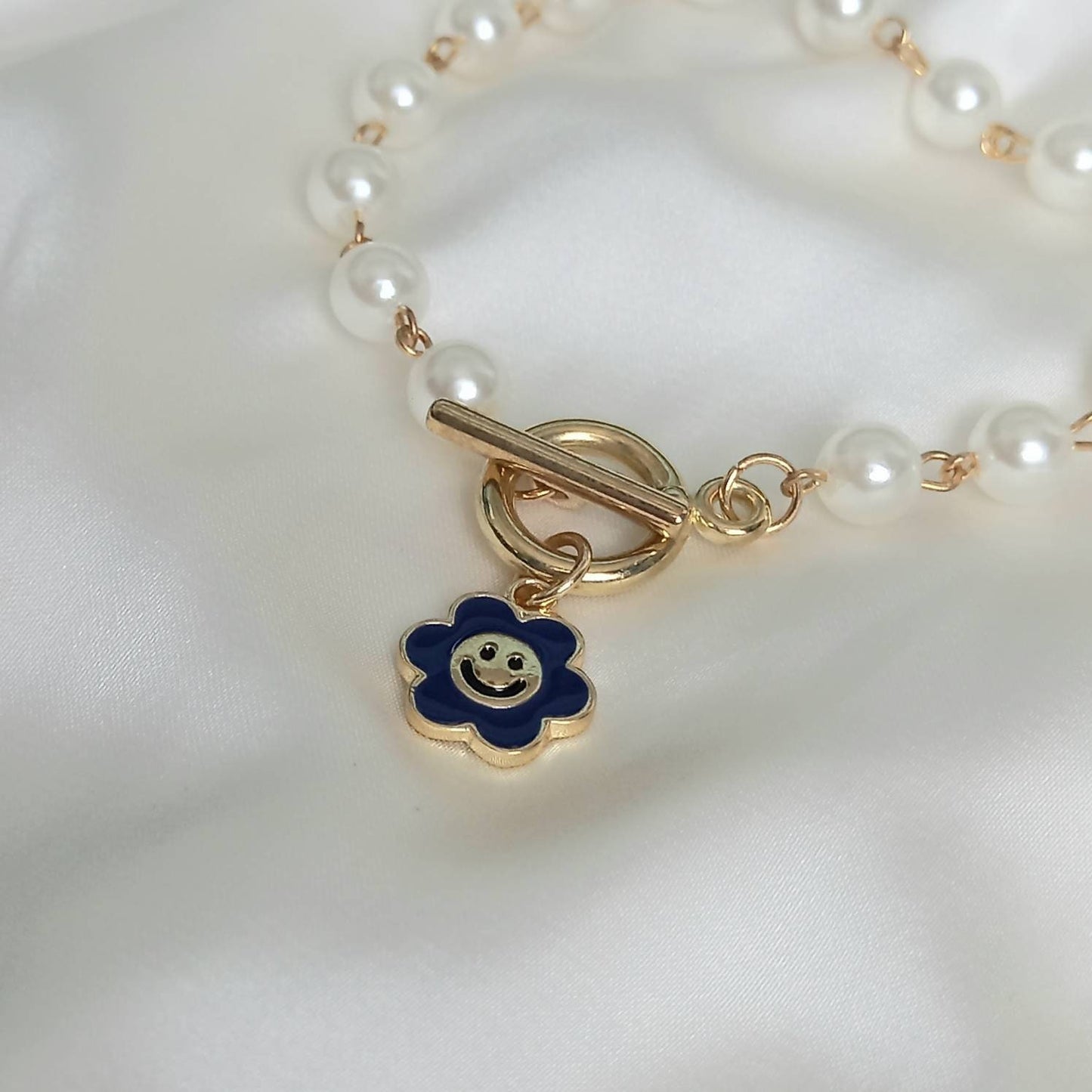 Blue Smiley Face Bracelet - Faux Pearl Bracelet,Bead Bracelets,Flower Bracelet,White Bead Bracelets In The UK,Blue Jewellery In The UK