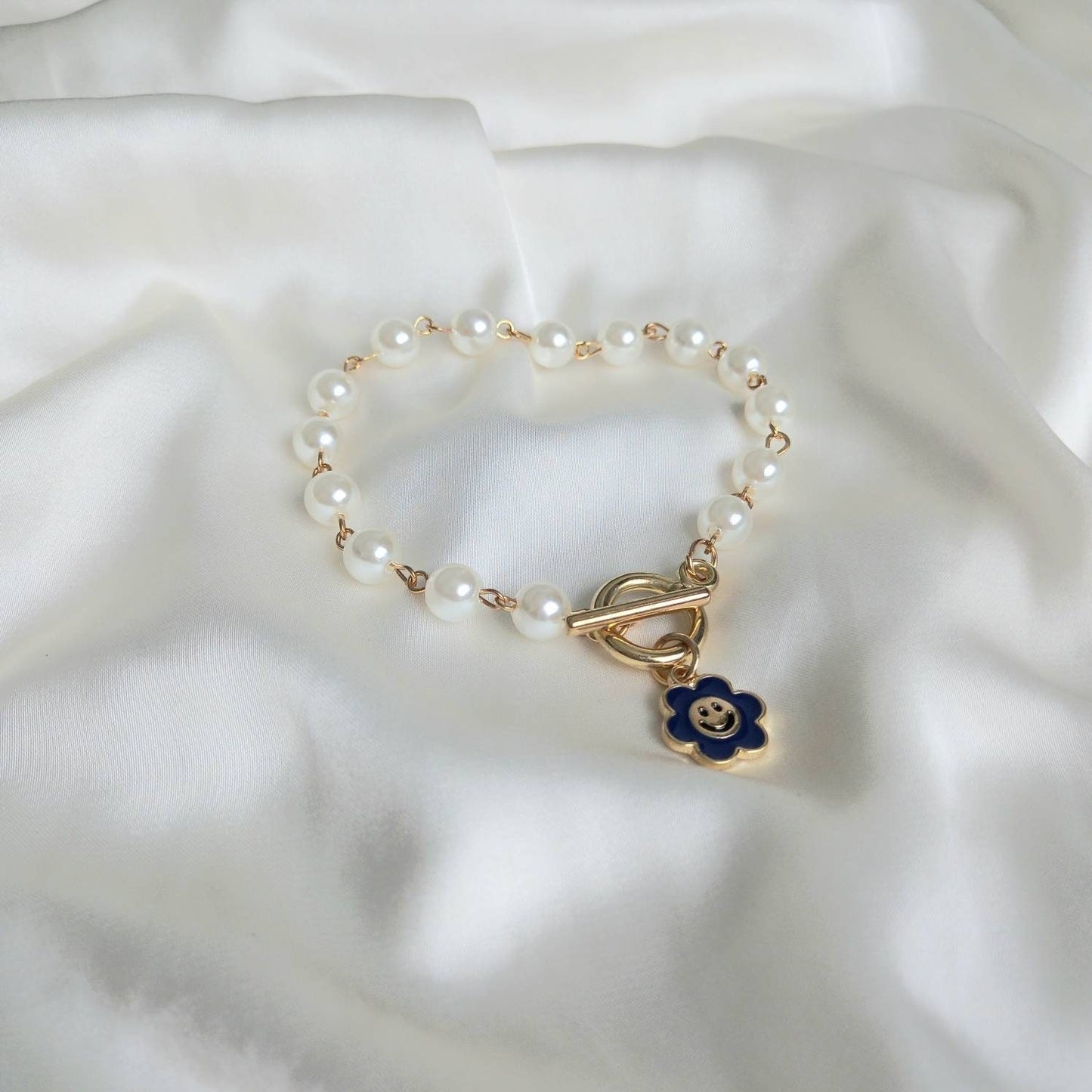 Blue Smiley Face Bracelet - Faux Pearl Bracelet,Bead Bracelets,Flower Bracelet,White Bead Bracelets In The UK,Blue Jewellery In The UK
