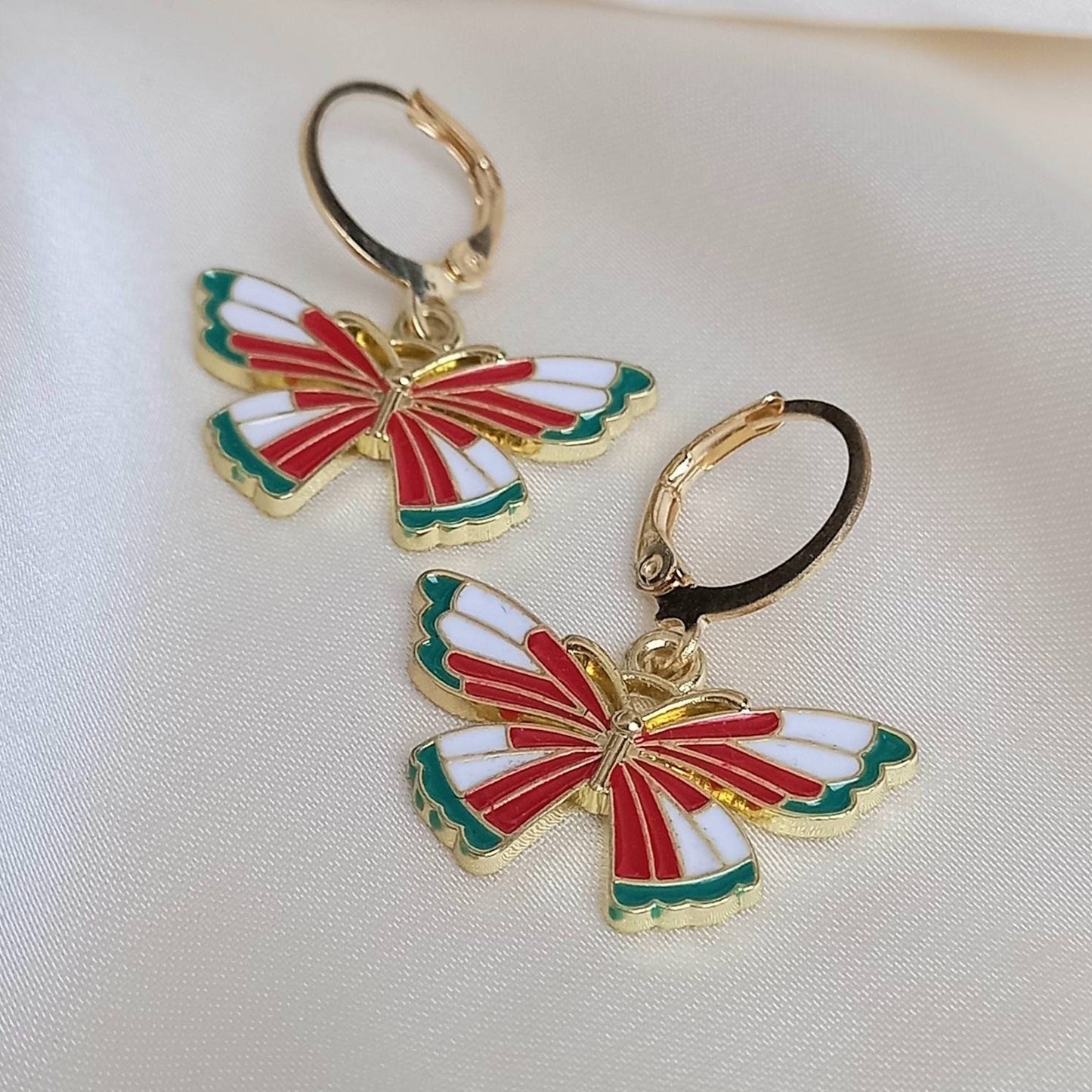 Red & Green Butterfly Drop Earrings - Lightweight Drop Earrings,Butterfly Earrings,Red Earrings In The UK,Green Jewellery In The UK