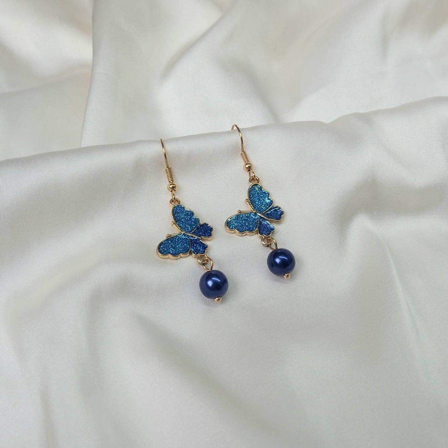 Blue Butterfly Drop Earrings - Lightweight Earrings,Blue Butterfly Earrings,Blue Earrings In The UK,Gold Butterfly Jewellery In The UK
