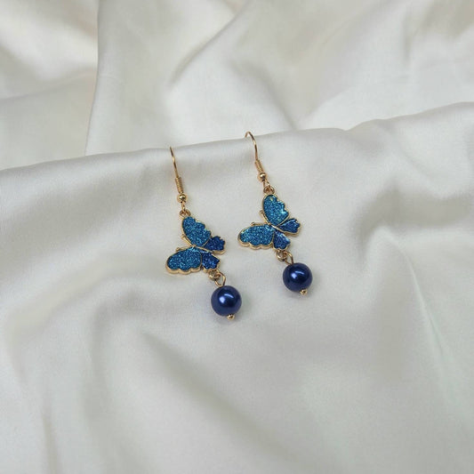 Blue Butterfly Drop Earrings - Lightweight Earrings,Blue Butterfly Earrings,Blue Earrings In The UK,Gold Butterfly Jewellery In The UK