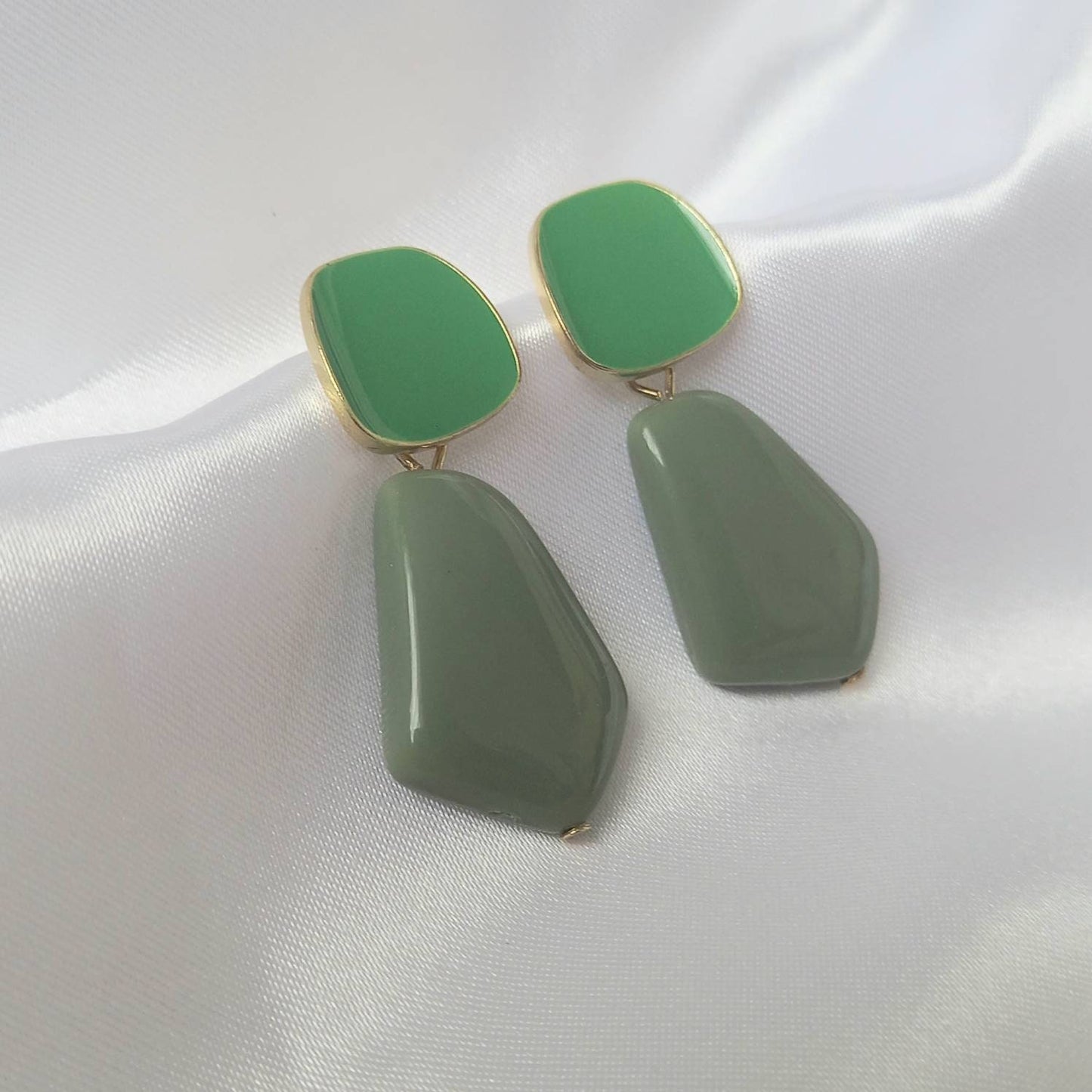 Gold and Green Drop Earrings -  Green Earrings In The UK,Sage Green Jewellery In The UK,Gold Earrings,Abstract Earrings,Abstract Jewellery
