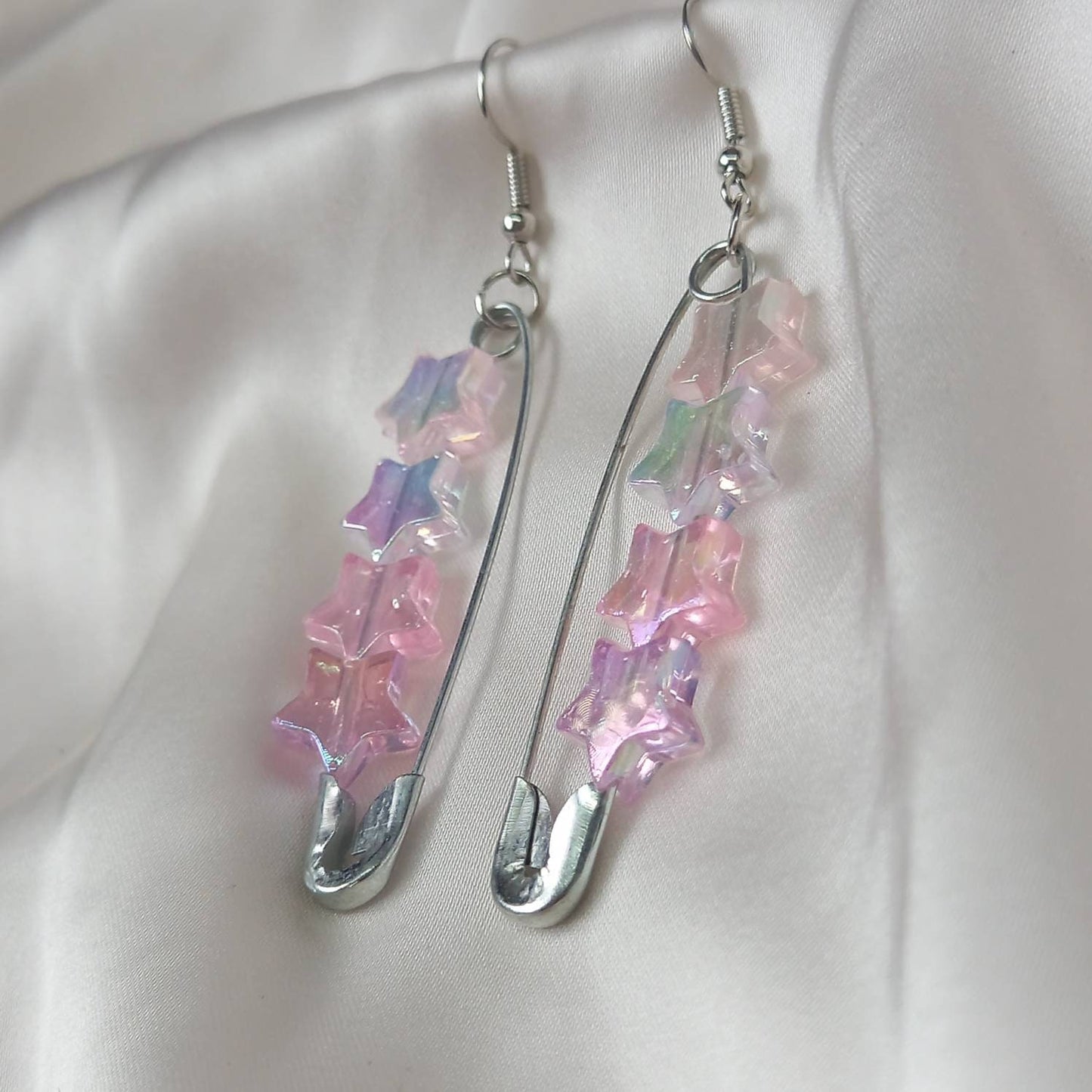 Bead Star Drop Earrings - Lightweight Safety Pin Earrings,Pink Star Earrings,Holographic Earrings In The UK,Silver Jewellery In The UK