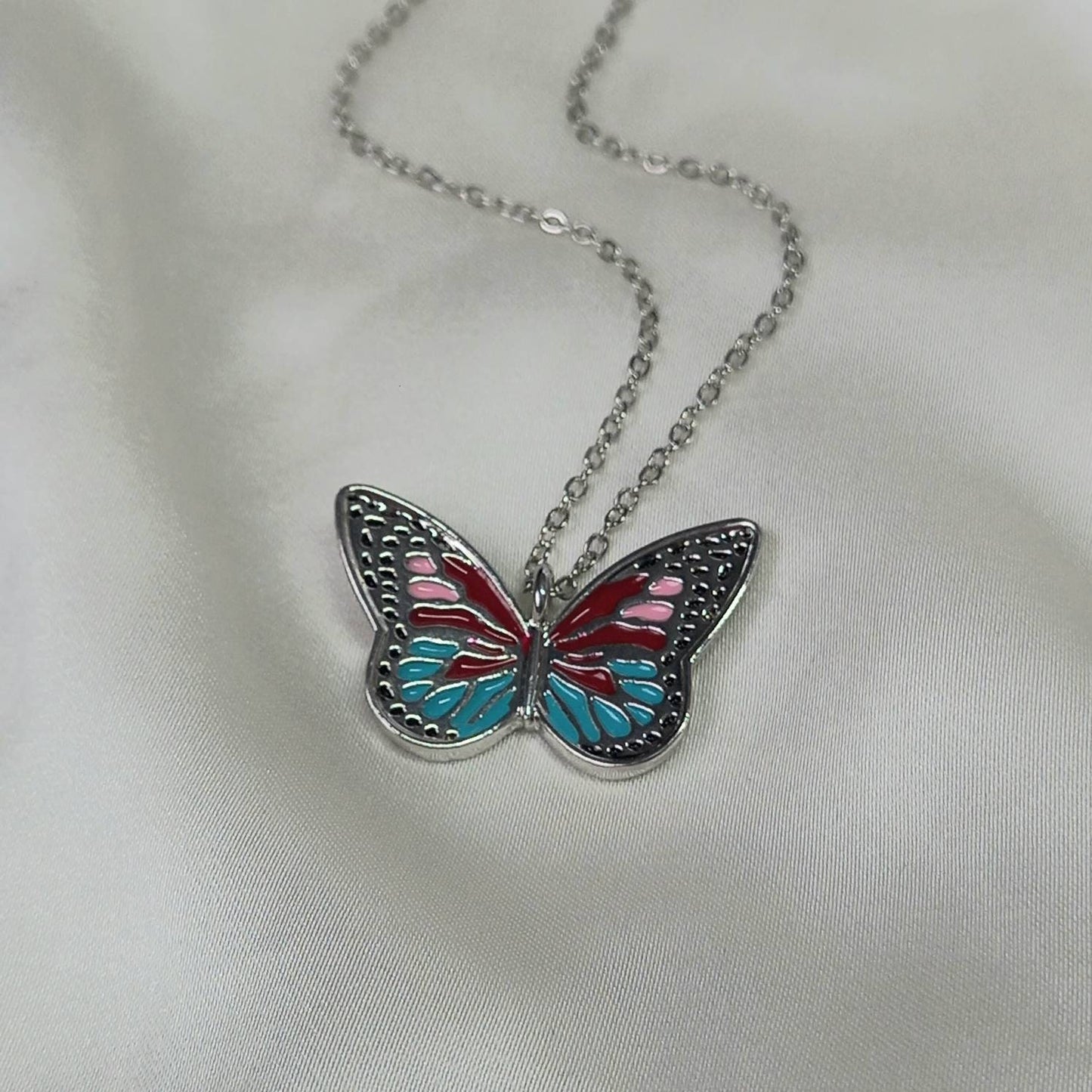 Silver Butterfly Charm Necklace - Chain Necklaces,Pink & Blue Butterfly Necklace,Silver Necklaces In The UK, Silver Jewellery In The UK
