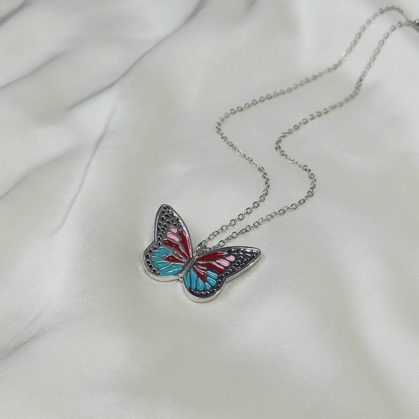 Silver Butterfly Charm Necklace - Chain Necklaces,Pink & Blue Butterfly Necklace,Silver Necklaces In The UK, Silver Jewellery In The UK