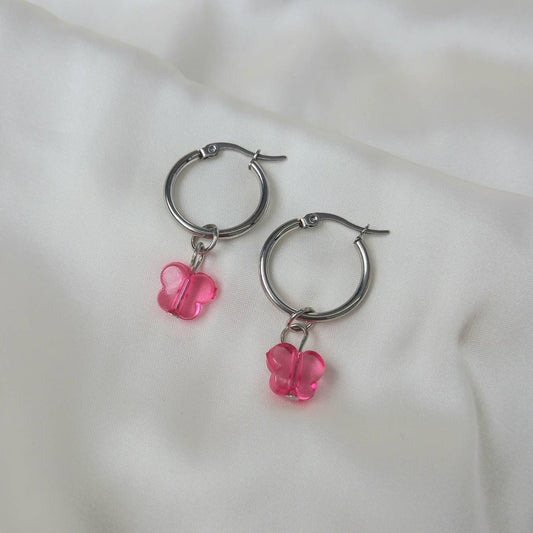 Silver & Pink Butterfly Hoop Earrings - Lightweight Hoop Earrings,Pink Butterfly Earrings,Hoop Earrings,Silver Earrings,Pink Bead Earrings