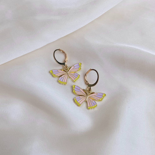 Pink & Yellow Butterfly Drop Earrings - Lightweight Drop Earrings,Purple Butterfly Earrings,Cute Earrings,Earrings In The UK,Pink Jewellery