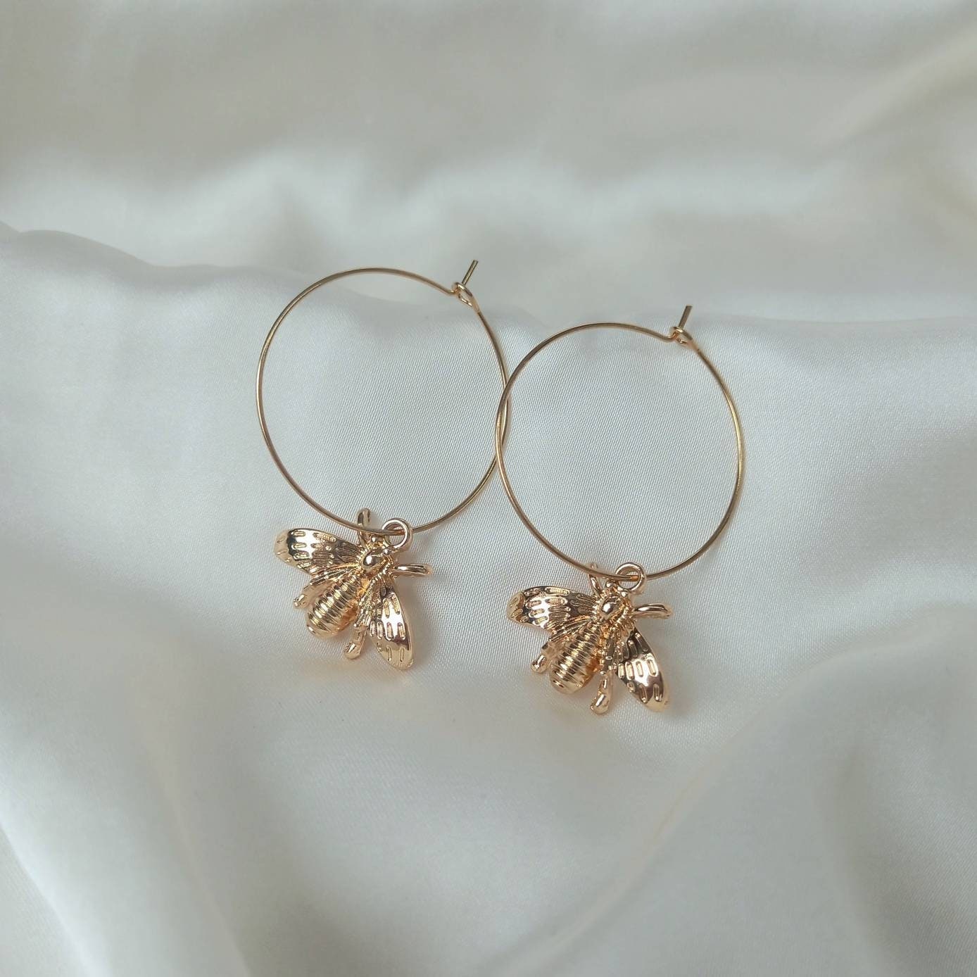 Gold Bee Hoop Earrings - Lightweight Hoop Earrings,Bee Earrings,Gold Hoop Earrings In The UK,Gold Earrings In The UK,Gold Jewellery, Bees