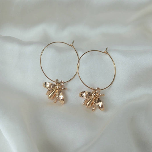Gold Bee Hoop Earrings - Lightweight Hoop Earrings,Bee Earrings,Gold Hoop Earrings In The UK,Gold Earrings In The UK,Gold Jewellery, Bees