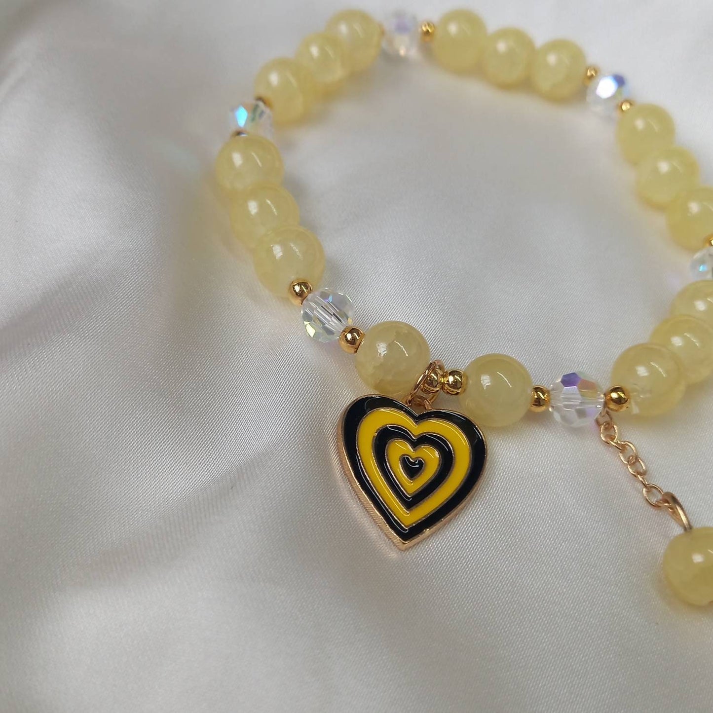Yellow Retro Heart Bead Charm Bracelet - Bead Jewellery,Yellow Bracelets In The UK,Charm Bracelet,Yellow Bead Bracelets,Yellow Jewelley