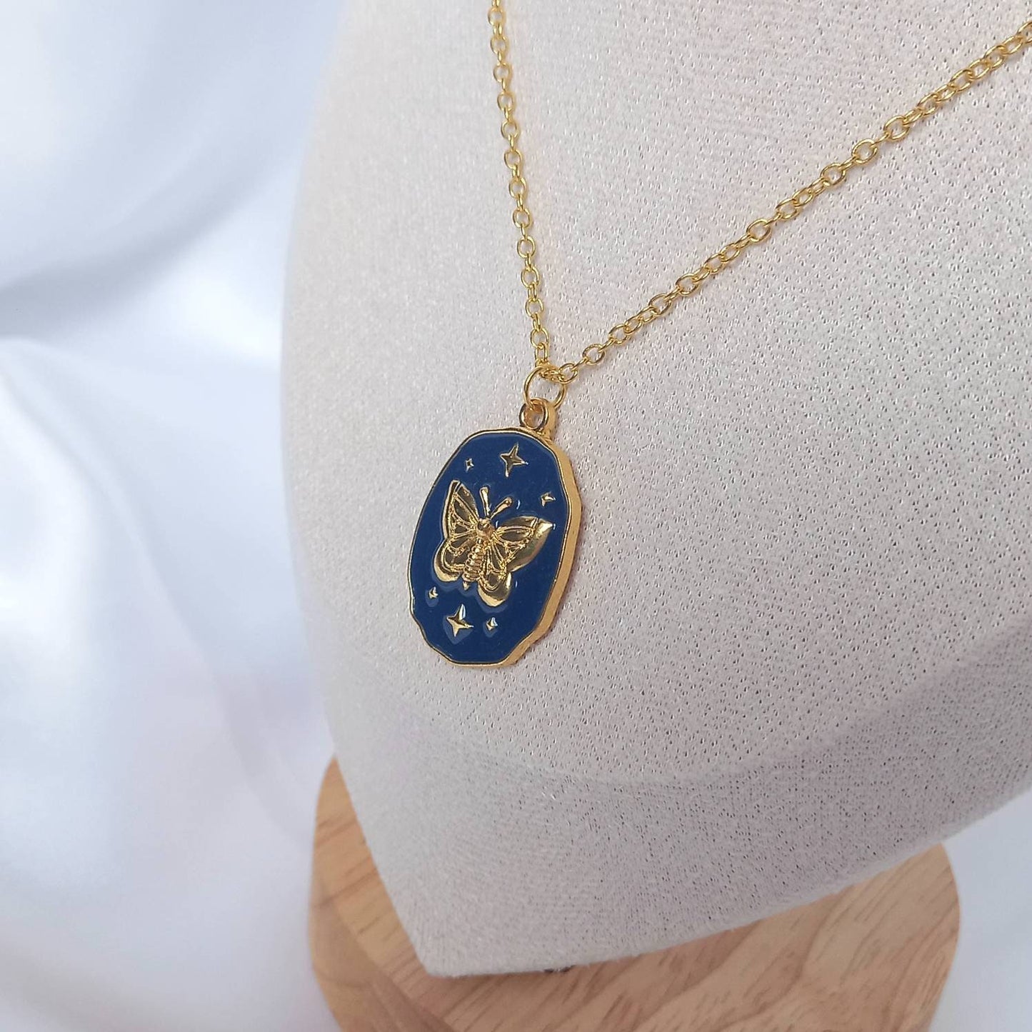 Gold Butterfly Charm Necklace - Chain Necklaces,Blue Butterfly Necklace,Gold Necklaces In The UK,Gold Jewellery In The UK, Gold & Blue