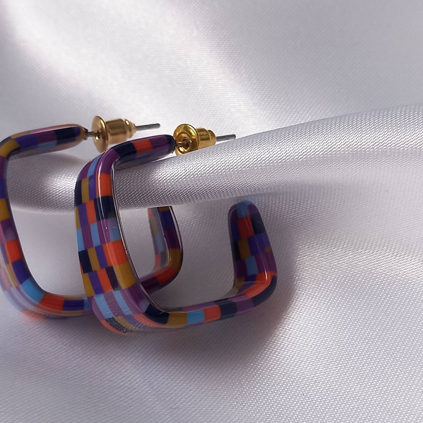 Checkered Square Hoop Earrings - Retro Earrings,Checkered Earrings,Square Hoops,Funky Hoop Earrings,Retro Hoop Earrings,Retro Jewlellery