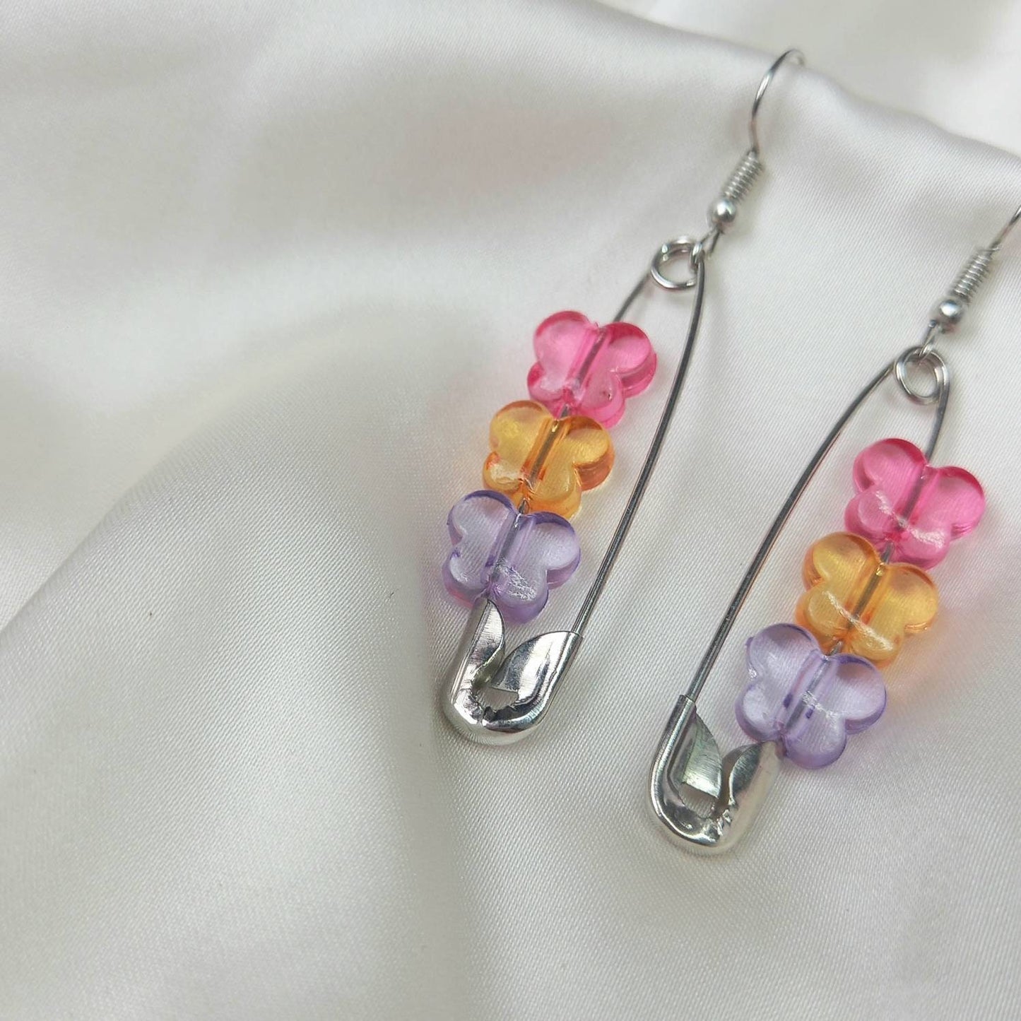 Bead Butterfly Drop Earrings - Lightweight Safety Pin Earrings,Pink Earrings,Blue Earrings In The UK,Silver Butterfly Jewellery In The UK