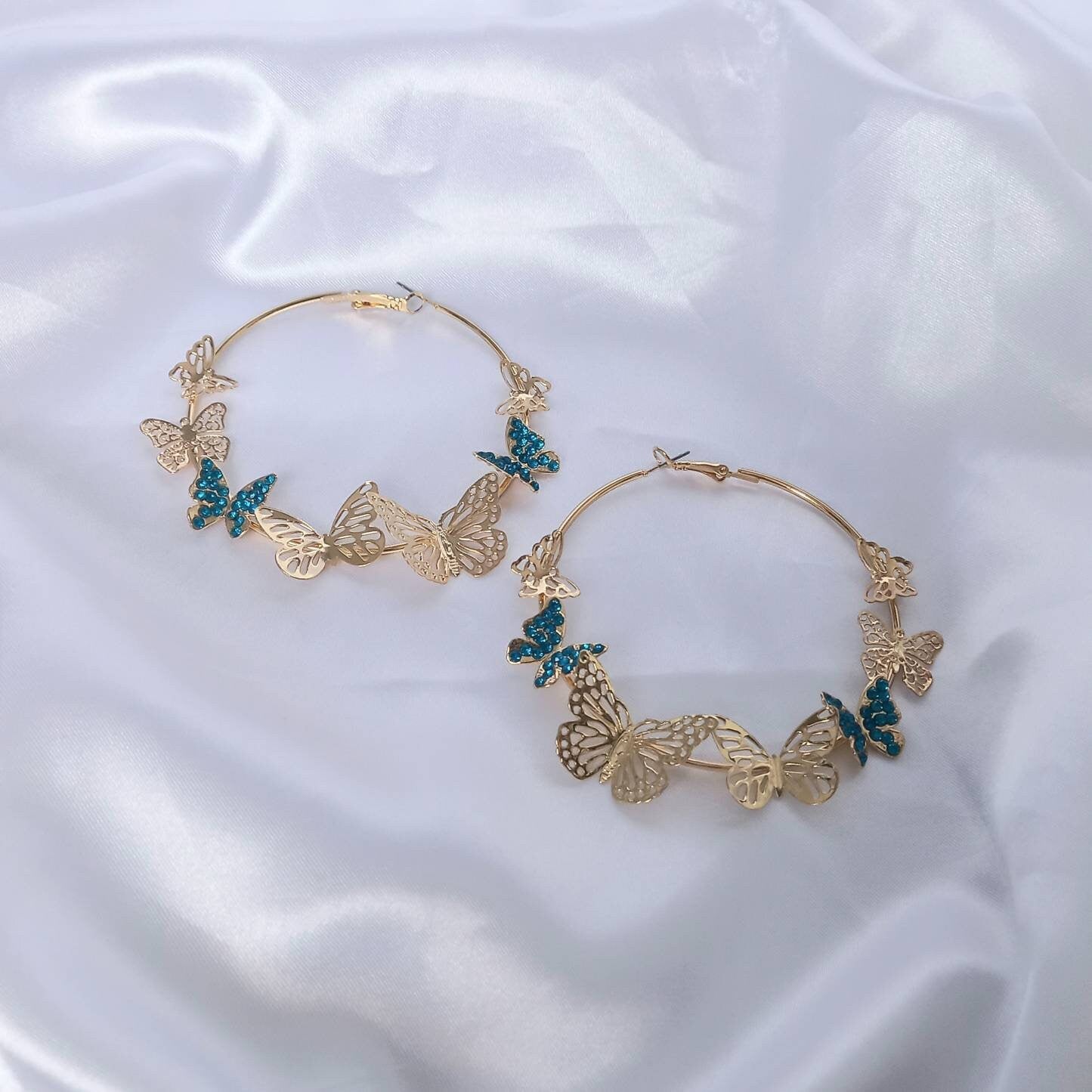 Gold & Blue Butterfly Hoop Earrings - Lightweight Hoop Earrings,Butterfly Earrings,Hoop Earrings,Cute Earrings,Gold Earrings,Gold Jewellery