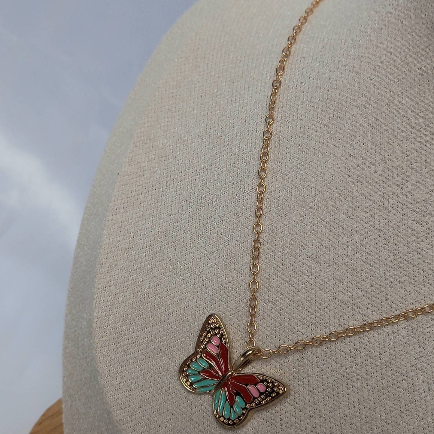 Gold Butterfly Charm Necklace - Chain Necklaces,Pink & Blue Butterfly Necklace,Gold Necklaces In The UK,Gold Jewellery In The UK,Red
