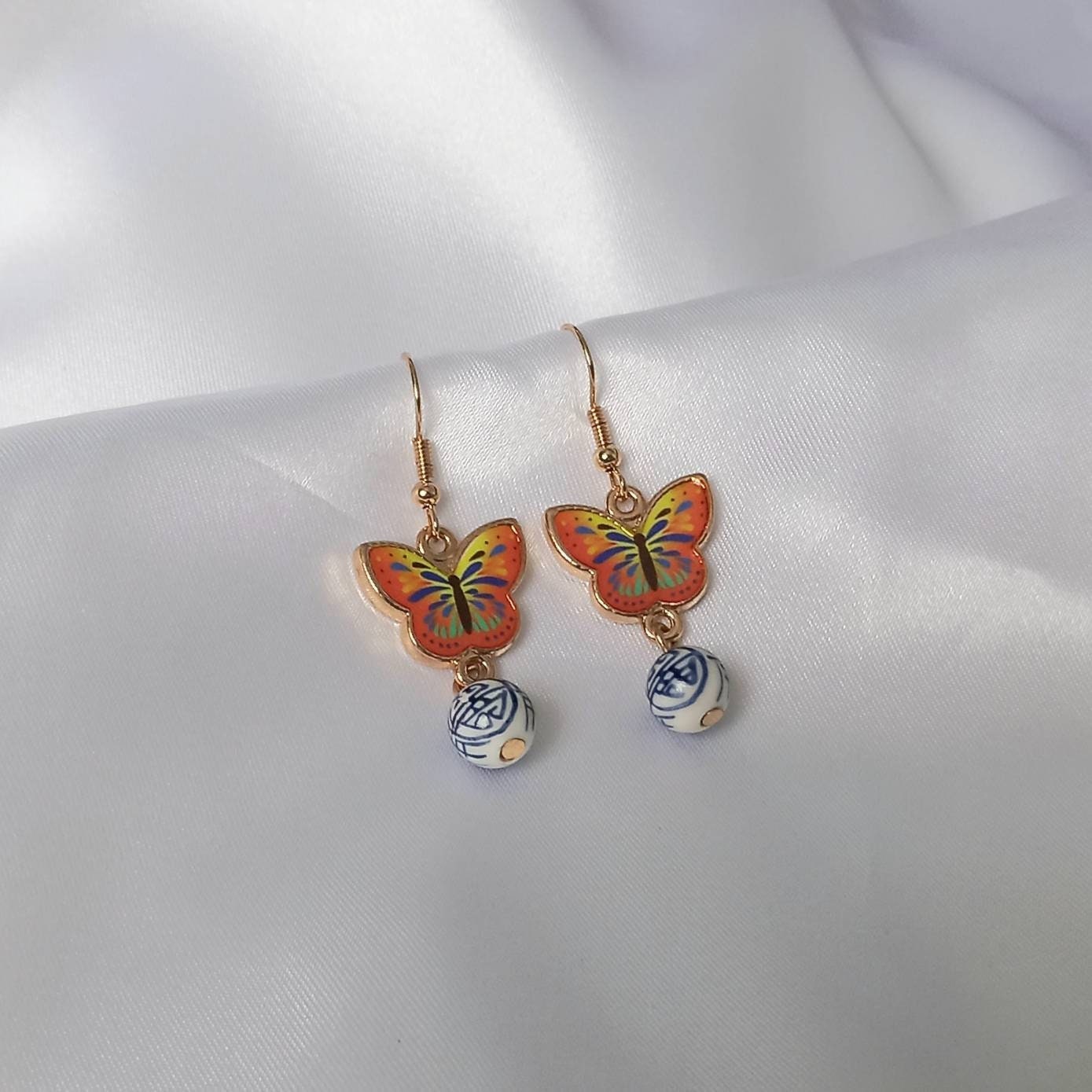 Orange Butterfly Drop Earrings - Lightweight Earrings,Orange Butterfly Earrings,Blue Earrings In The UK,Gold Butterfly Jewellery In The UK
