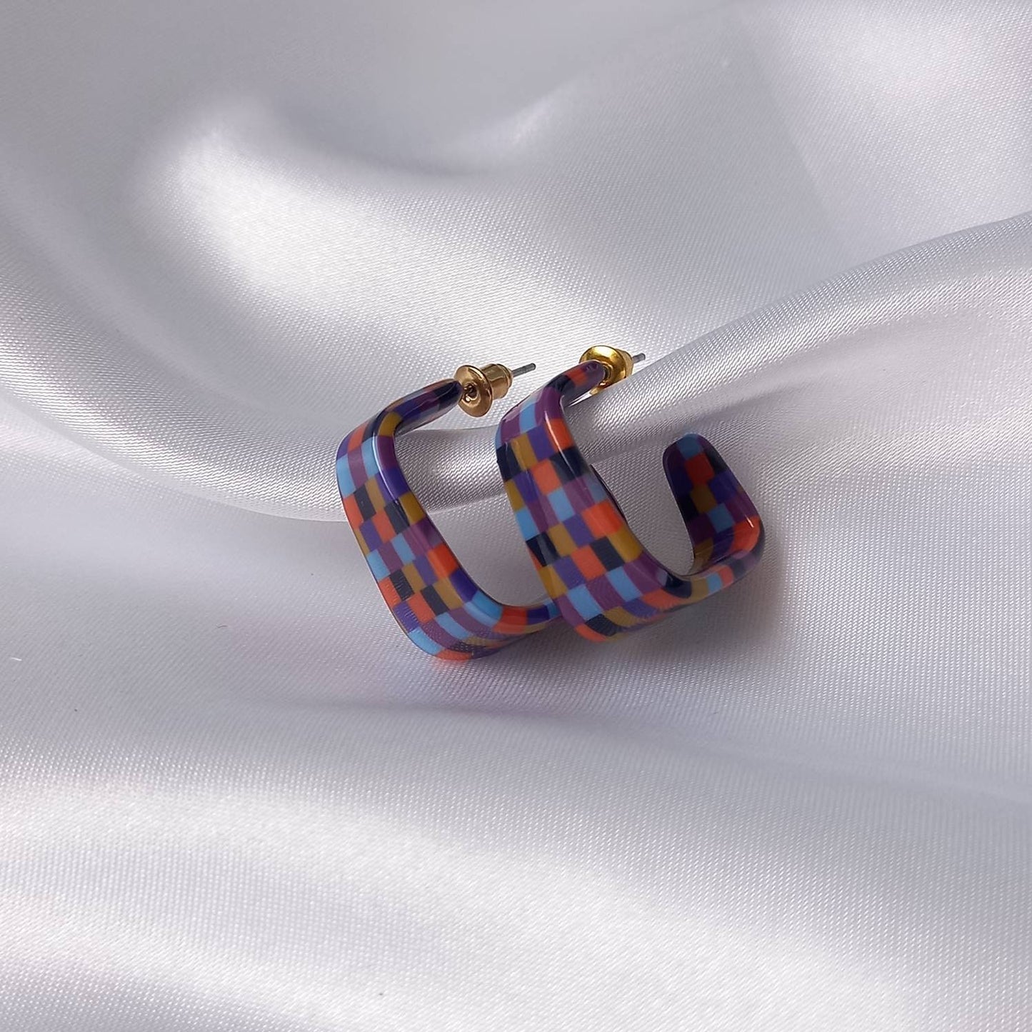 Checkered Square Hoop Earrings - Retro Earrings,Checkered Earrings,Square Hoops,Funky Hoop Earrings,Retro Hoop Earrings,Retro Jewlellery