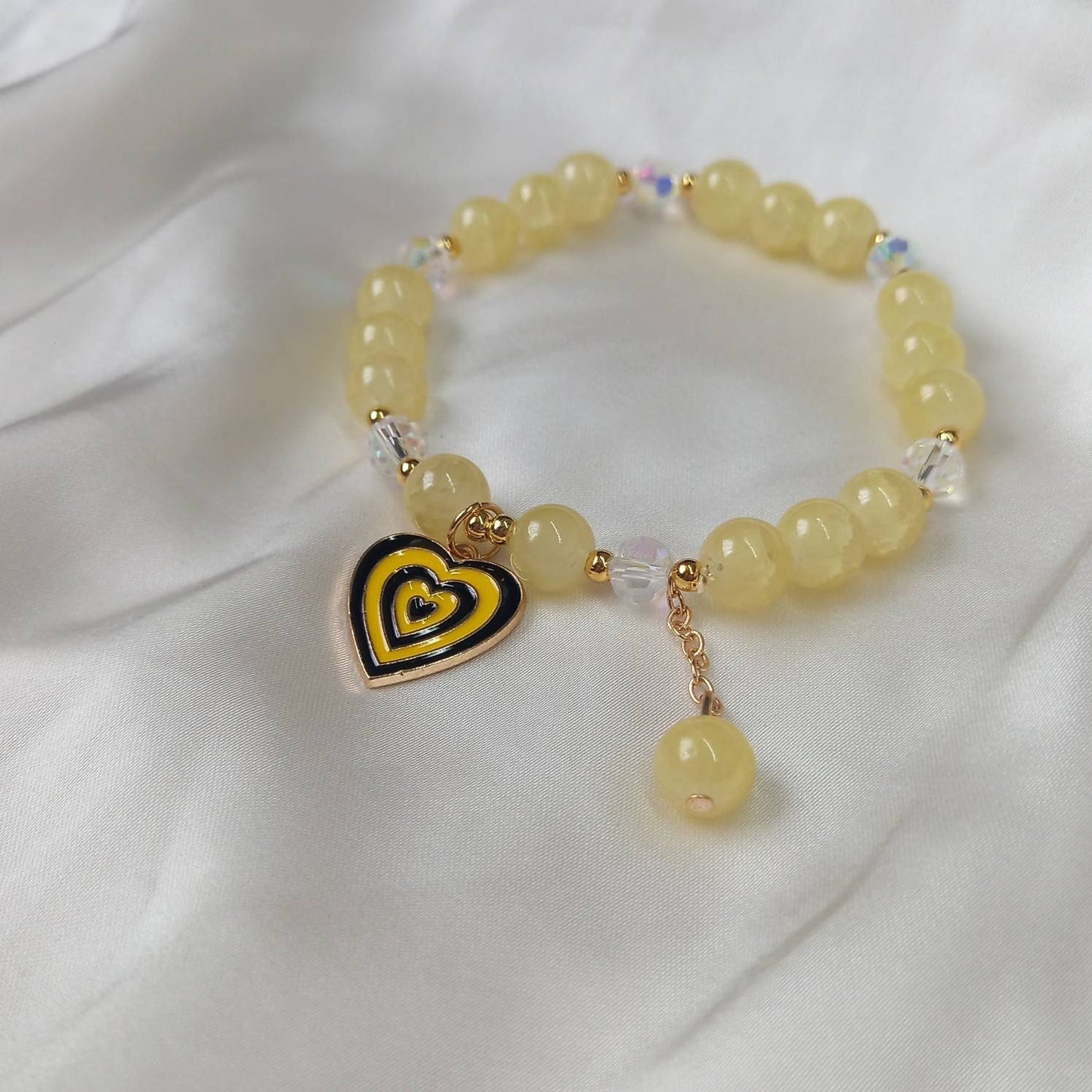 Yellow Retro Heart Bead Charm Bracelet - Bead Jewellery,Yellow Bracelets In The UK,Charm Bracelet,Yellow Bead Bracelets,Yellow Jewelley
