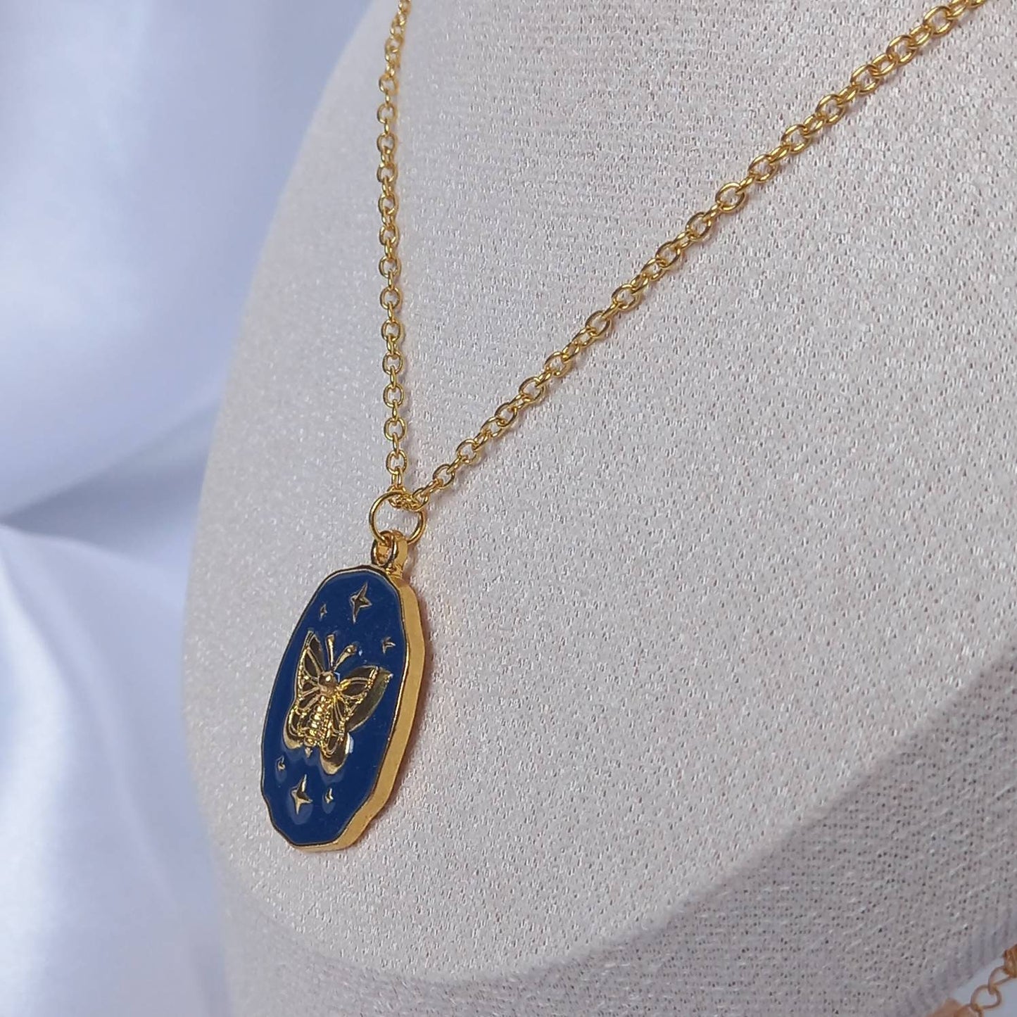Gold Butterfly Charm Necklace - Chain Necklaces,Blue Butterfly Necklace,Gold Necklaces In The UK,Gold Jewellery In The UK, Gold & Blue