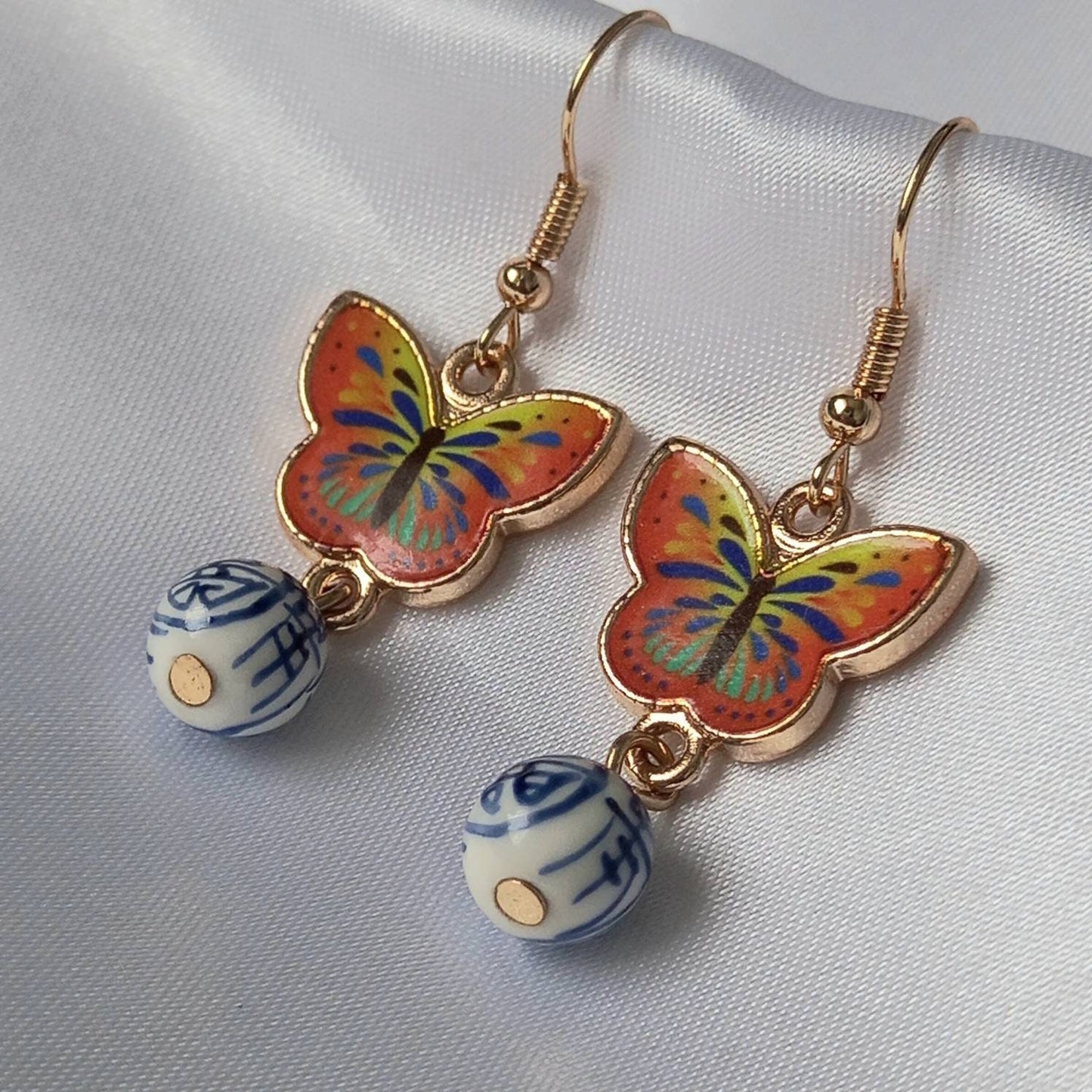 Orange Butterfly Drop Earrings - Lightweight Earrings,Orange Butterfly Earrings,Blue Earrings In The UK,Gold Butterfly Jewellery In The UK