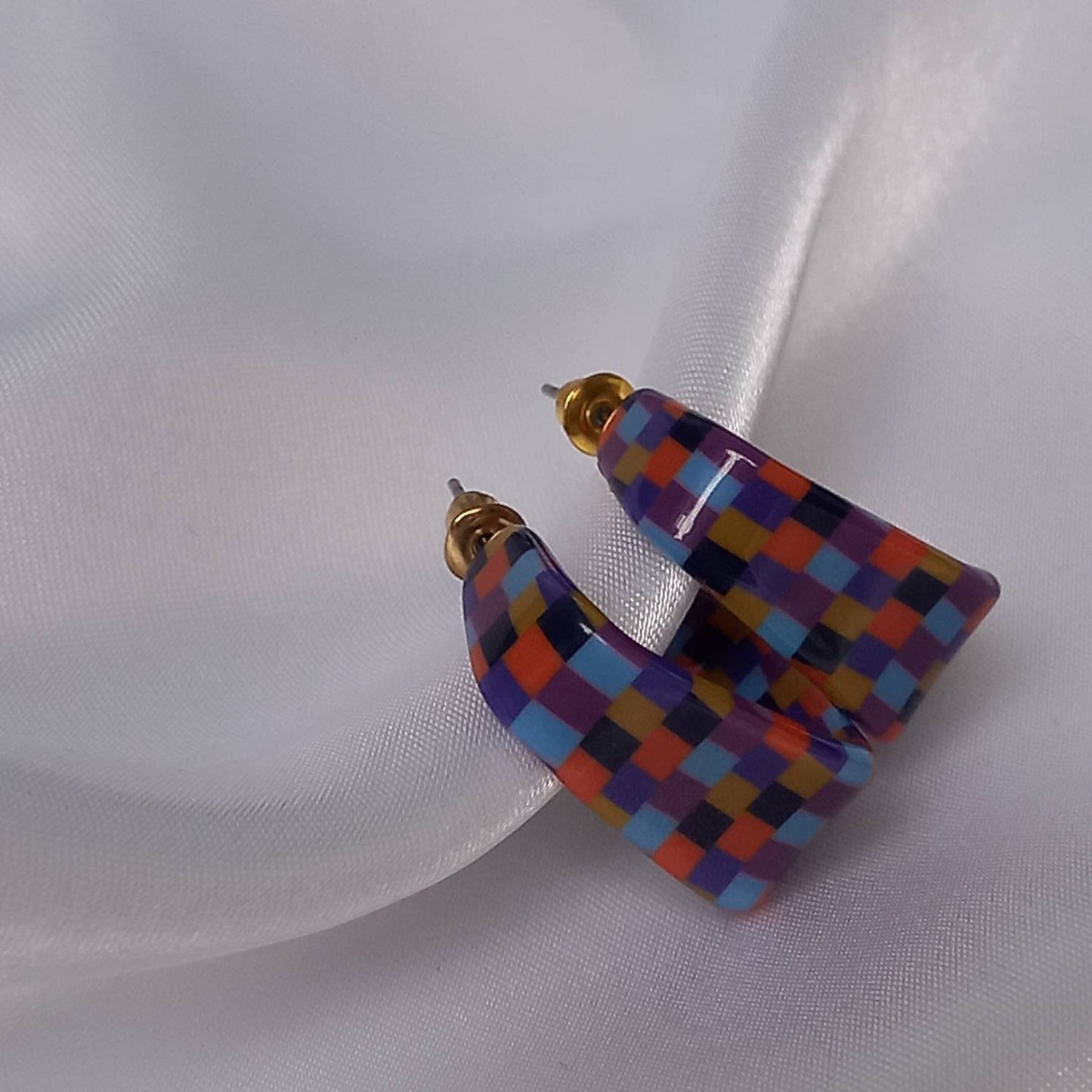 Checkered Square Hoop Earrings - Retro Earrings,Checkered Earrings,Square Hoops,Funky Hoop Earrings,Retro Hoop Earrings,Retro Jewlellery