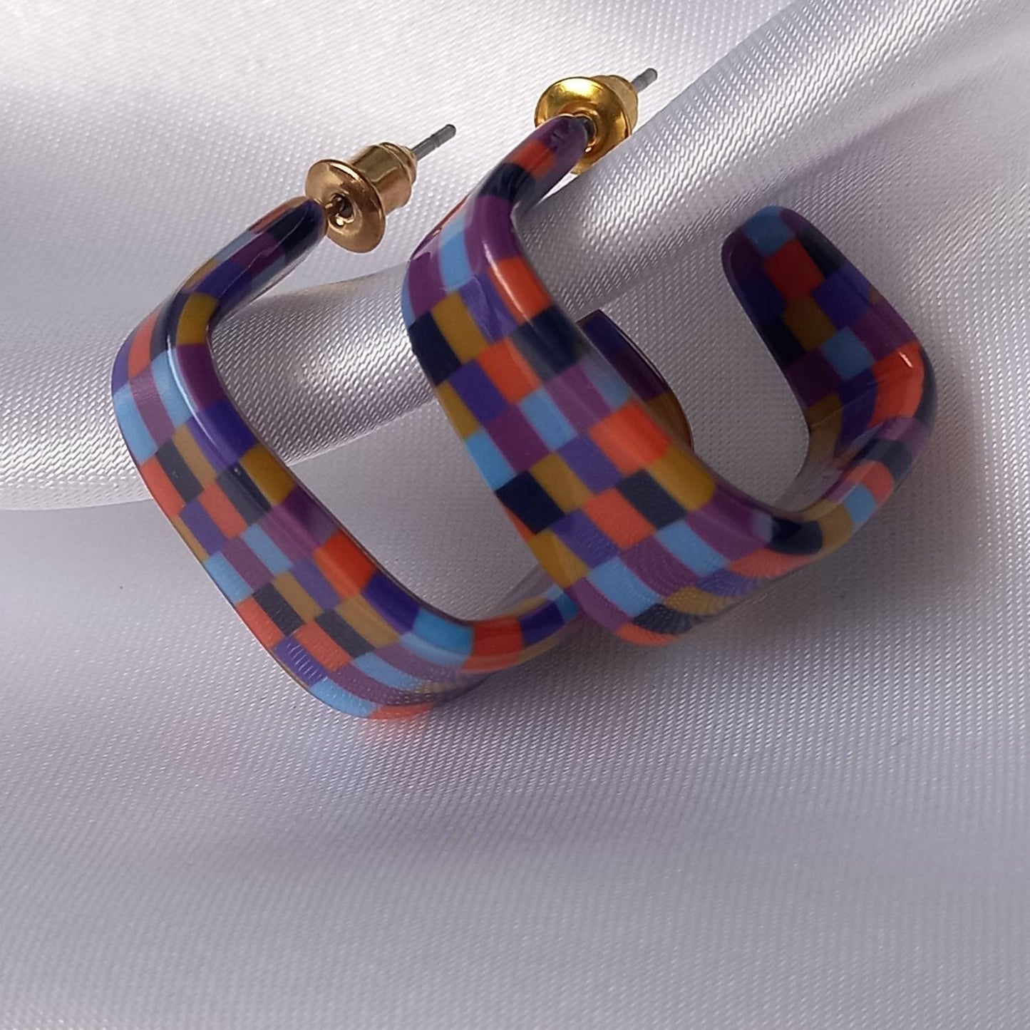 Checkered Square Hoop Earrings - Retro Earrings,Checkered Earrings,Square Hoops,Funky Hoop Earrings,Retro Hoop Earrings,Retro Jewlellery