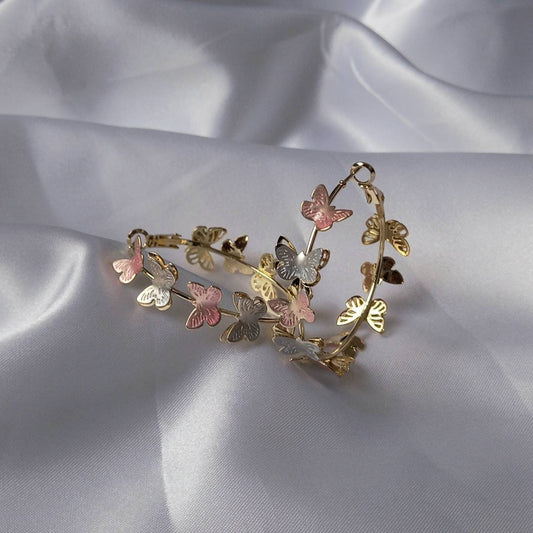 Pink & Gold Butterfly Hoop Earrings - Lightweight Hoop Earrings,Butterfly Earrings,Hoop Earrings,Cute Earrings,Gold Earrings,Gold Jewellery