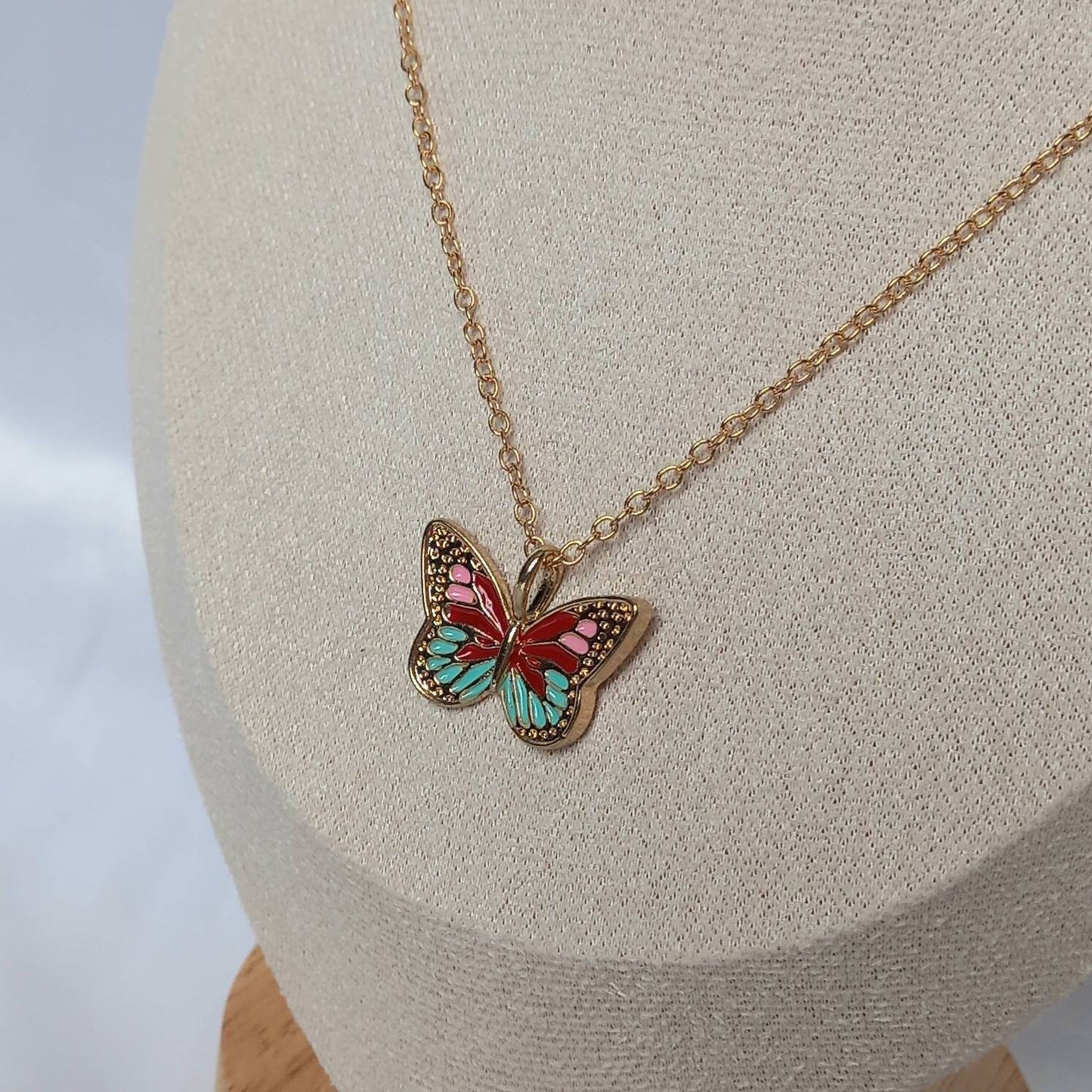 Gold Butterfly Charm Necklace - Chain Necklaces,Pink & Blue Butterfly Necklace,Gold Necklaces In The UK,Gold Jewellery In The UK,Red