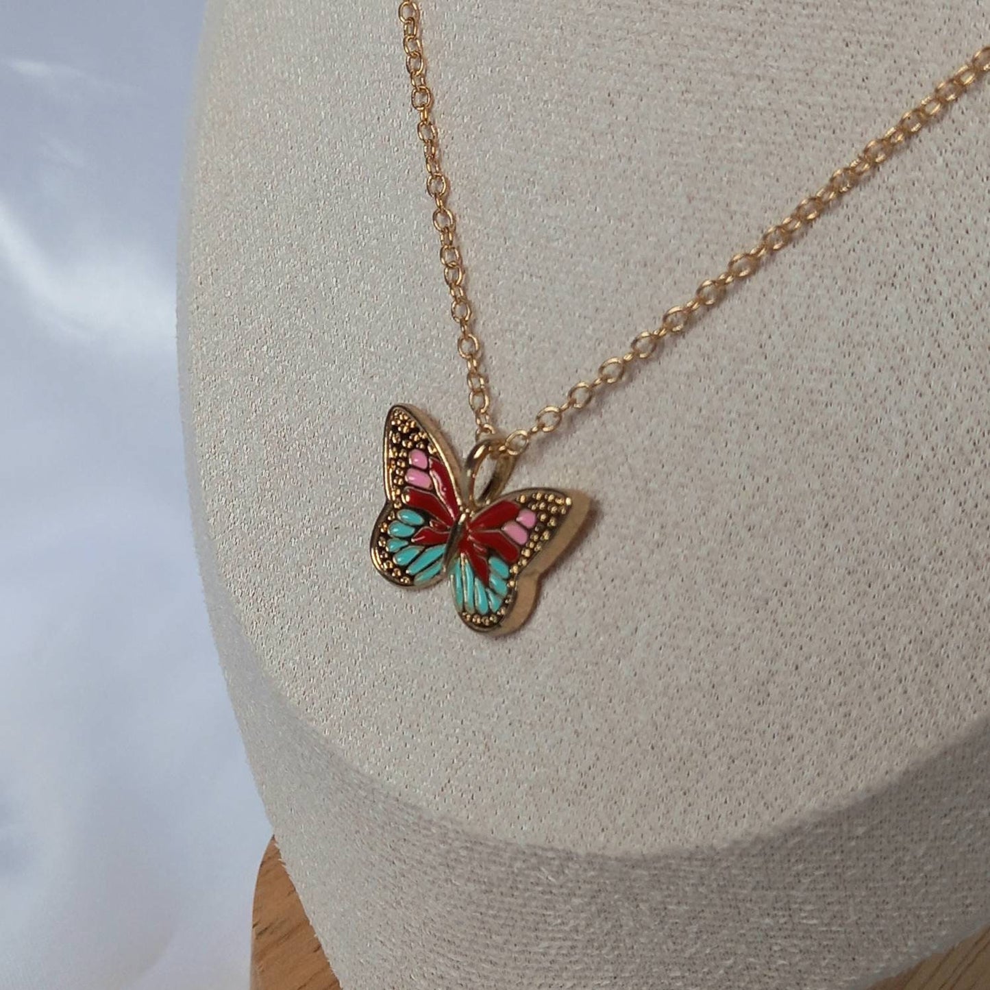 Gold Butterfly Charm Necklace - Chain Necklaces,Pink & Blue Butterfly Necklace,Gold Necklaces In The UK,Gold Jewellery In The UK,Red