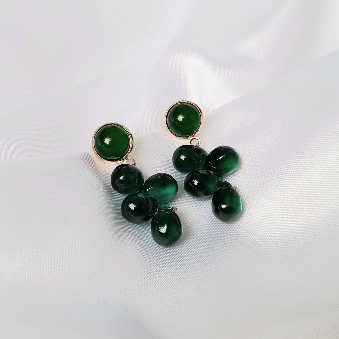 Green Bead Drop Earrings -  Bead Earrings,Bead Jewellery,Green Earrings In The UK,Green Jewellery In The UK,Emerald Green,Gold Earrings