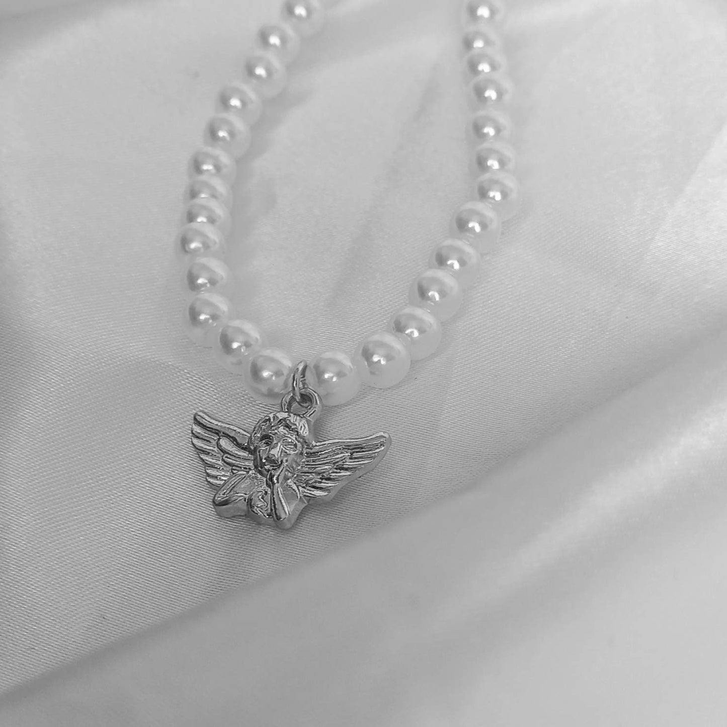Silver Angel Charm Pearl Necklace - Faux Pearl Necklaces In The UK,Angel Necklace,Angel Jewellery,Silver Jewellery In The UK,Silver Necklace