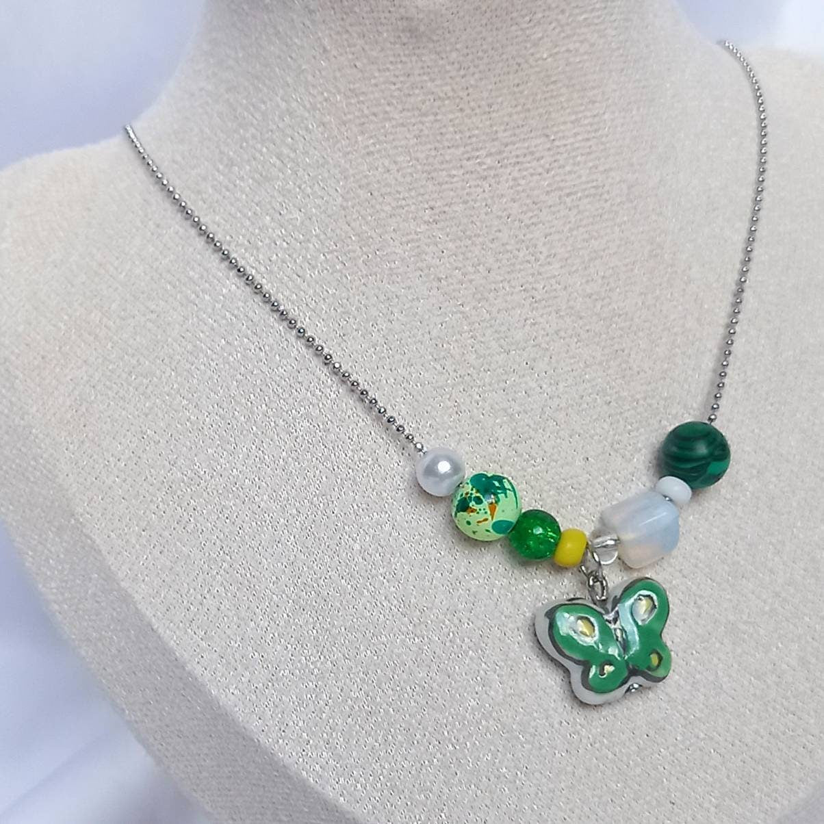 Silver & Green Butterfly Charm Necklace - Chain Necklaces,Green Butterfly Necklace,Silver Necklaces In The UK, Silver Jewellery In The UK