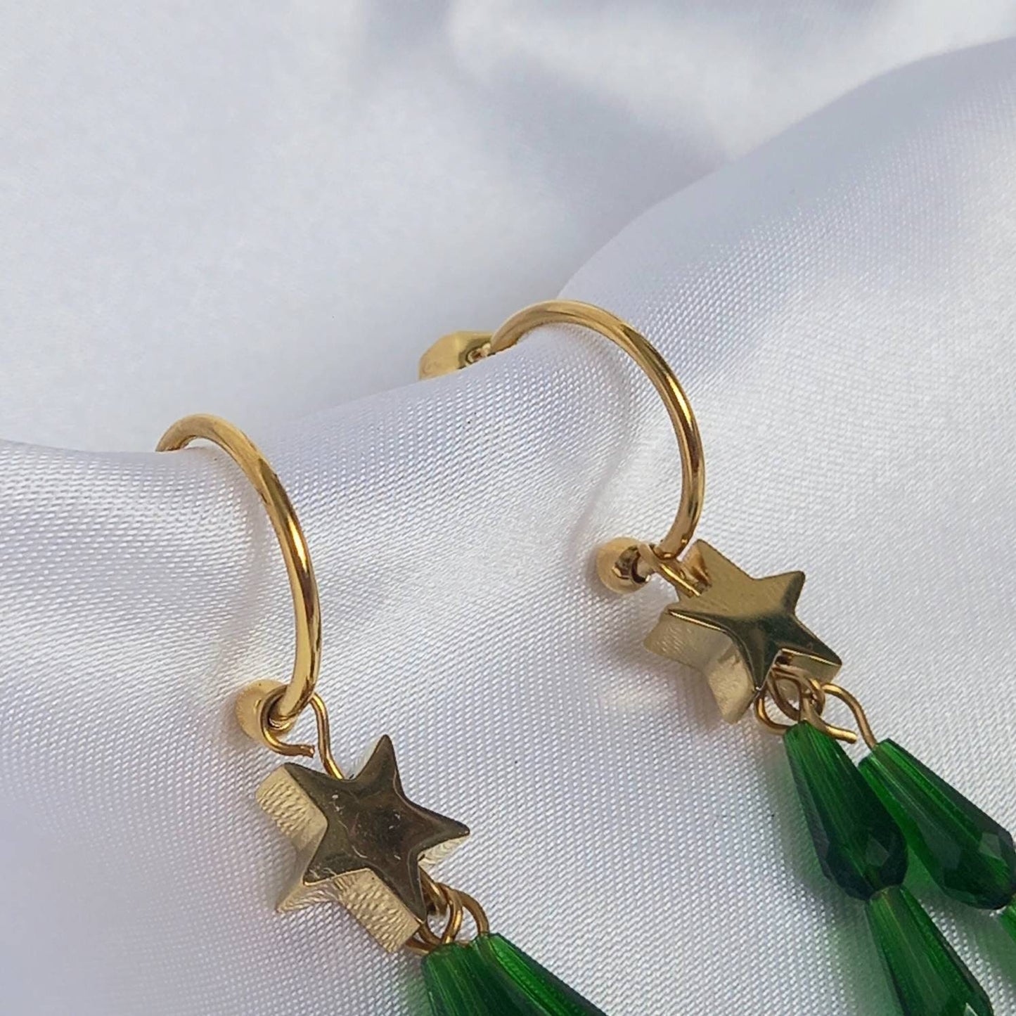 Gold & Green Star Hoop Earrings - Lightweight Hoop Earrings,Green Star Earrings,Hoop Earrings,Gold Earrings In The UK,Gold Star Jewellery