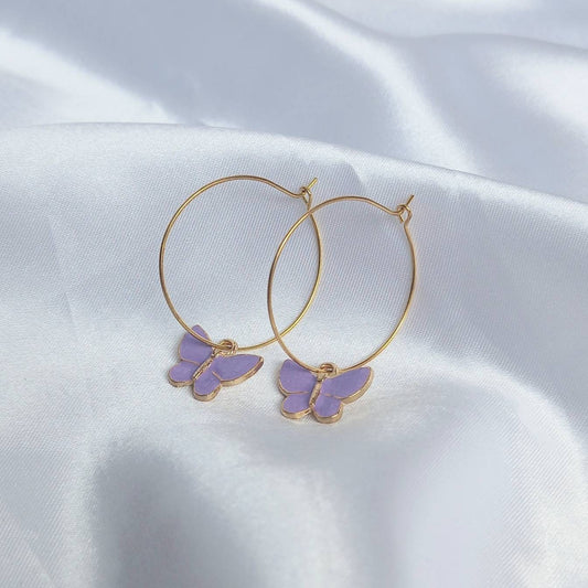 Purple Butterfly Hoop Earrings - Lightweight Hoop Earrings In The UK,Purple Butterfly Earrings,Hoop Earrings,Gold Earrings,Gold Jewellery