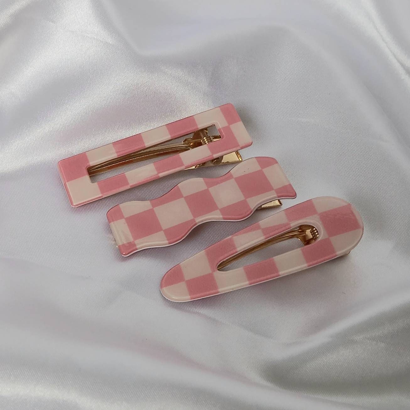 Set of 3 Chequered Hair Clips - Pink & White Hair Clip,Funky Hair Accessories,Pink Chequered Hair Clips,70's Accessories,Minimalistic