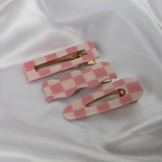 Set of 3 Chequered Hair Clips - Pink & White Hair Clip,Funky Hair Accessories,Pink Chequered Hair Clips,70's Accessories,Minimalistic